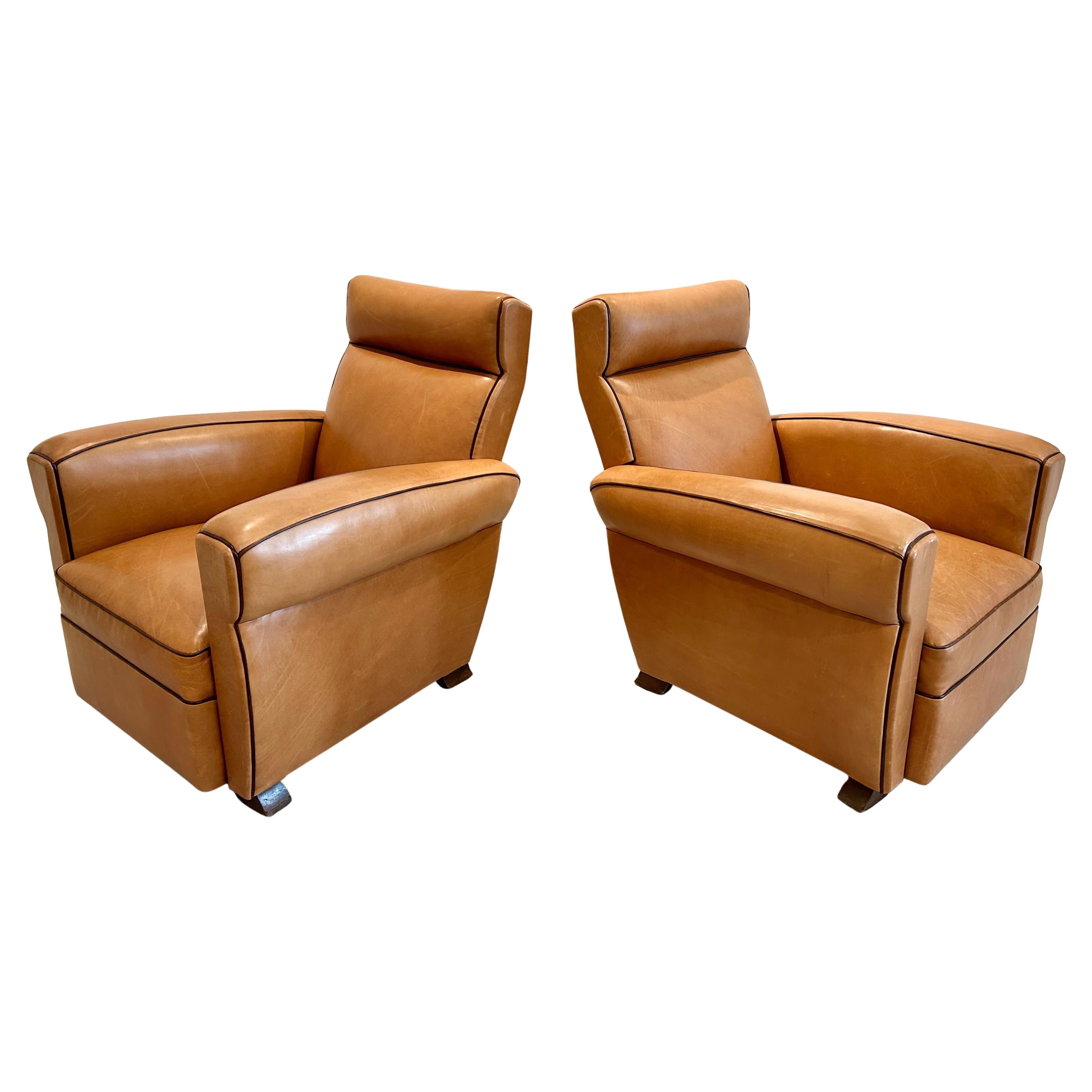 Pair of Deco Club Chairs in Leather