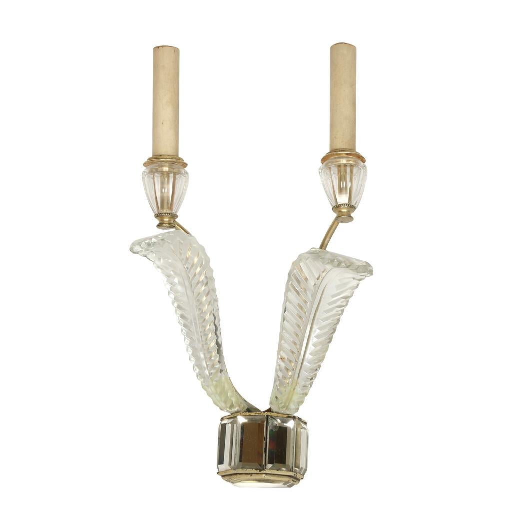 Pair of deco crystal two arm Jansen style sconces. Crystal leaves set on faceted mirrored base. Provenance, the Doris Duke estate in New Jersey.