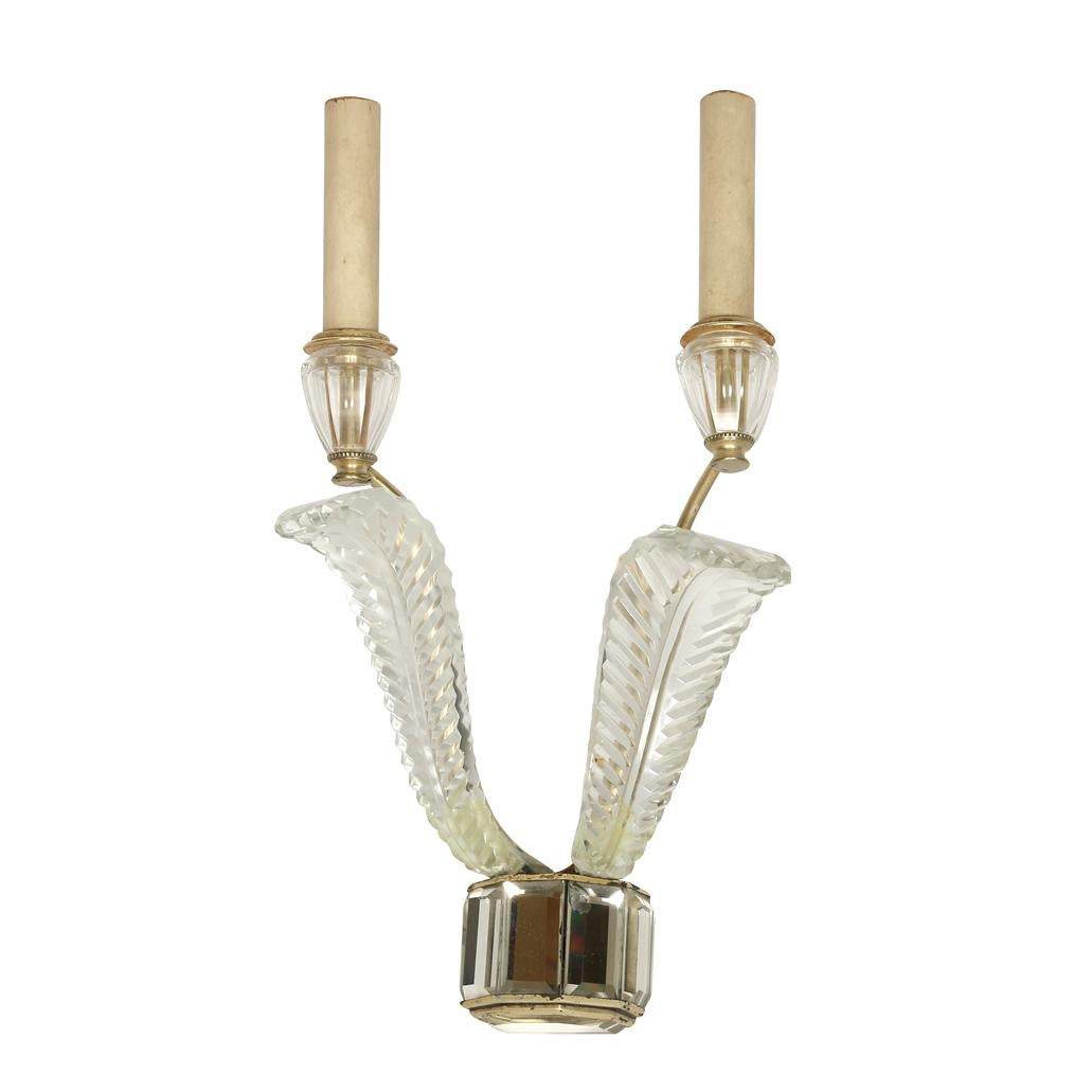 Pair of deco crystal two arm Jansen style sconces. Crystal leaves set on faceted mirrored base with nickel trim. Provenance, the Doris Duke estate in New Jersey.