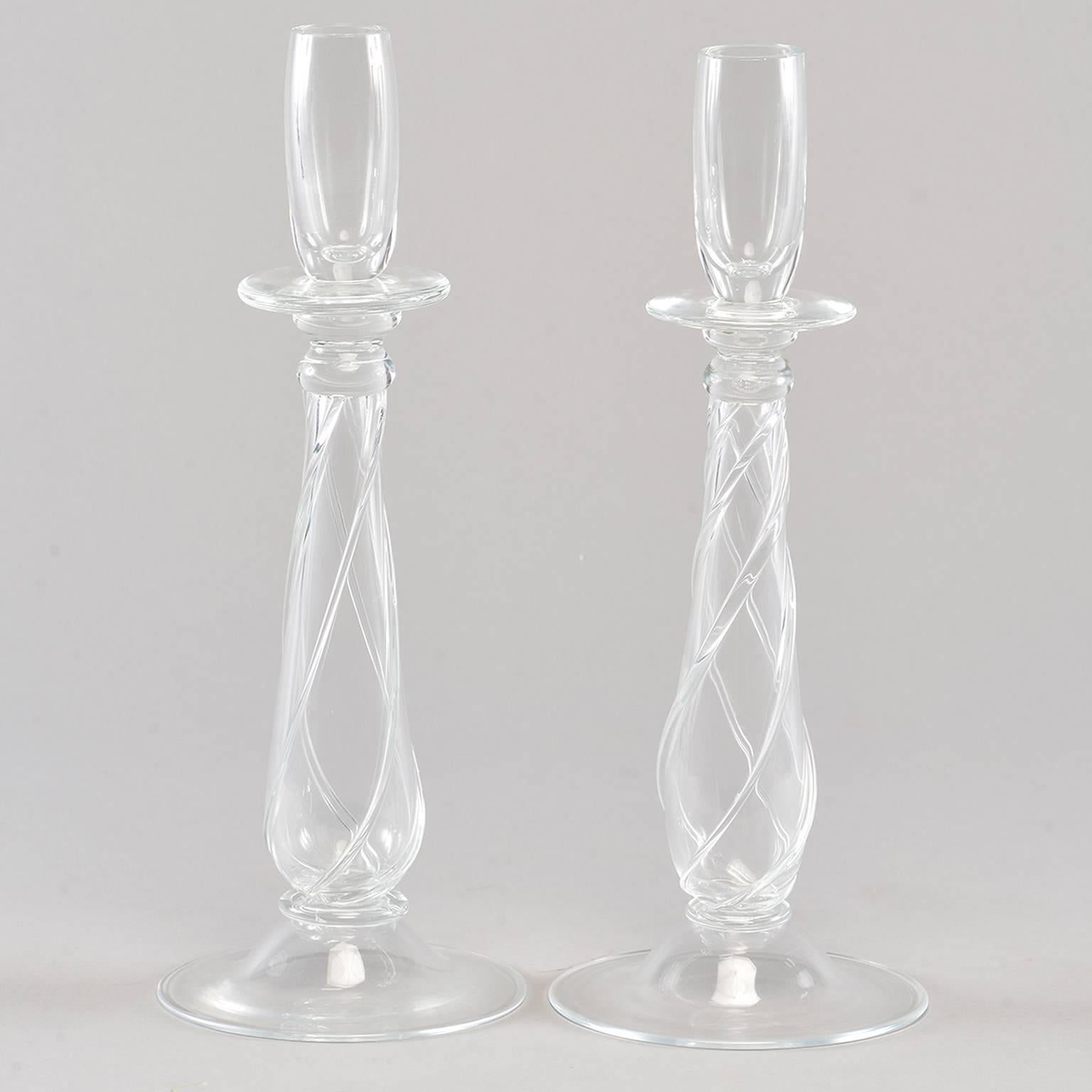 Pair of Deco Era Barovier and Toso Clear Glass Candlesticks In Excellent Condition For Sale In Troy, MI