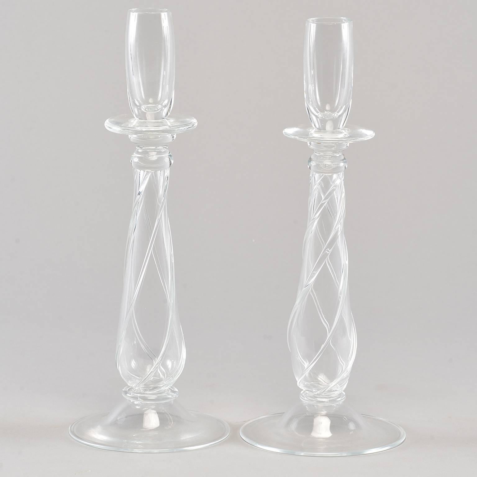 Murano Glass Pair of Deco Era Barovier and Toso Clear Glass Candlesticks For Sale