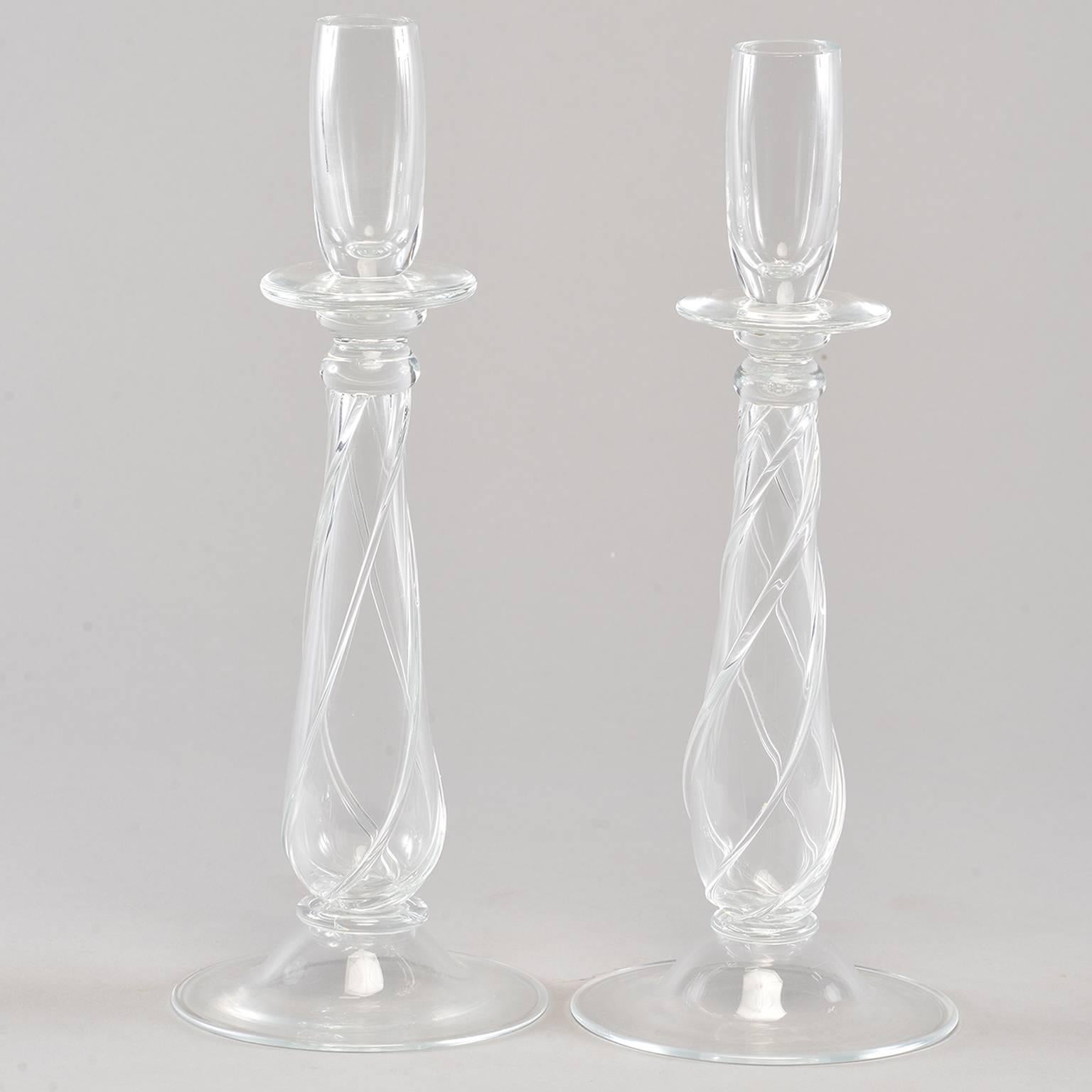 Pair of Deco Era Barovier and Toso Clear Glass Candlesticks For Sale 2