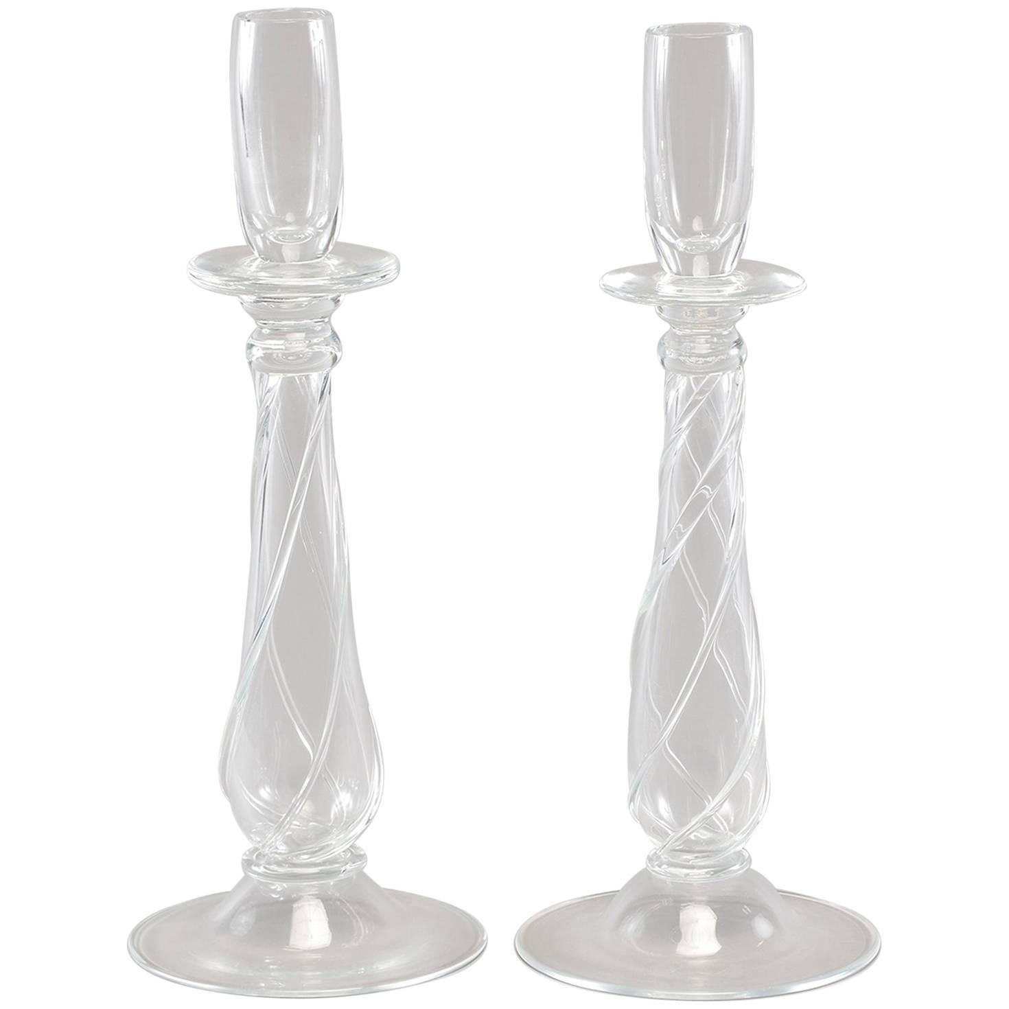 Pair of Deco Era Barovier and Toso Clear Glass Candlesticks For Sale