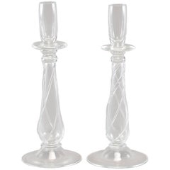 Pair of Deco Era Barovier and Toso Clear Glass Candlesticks