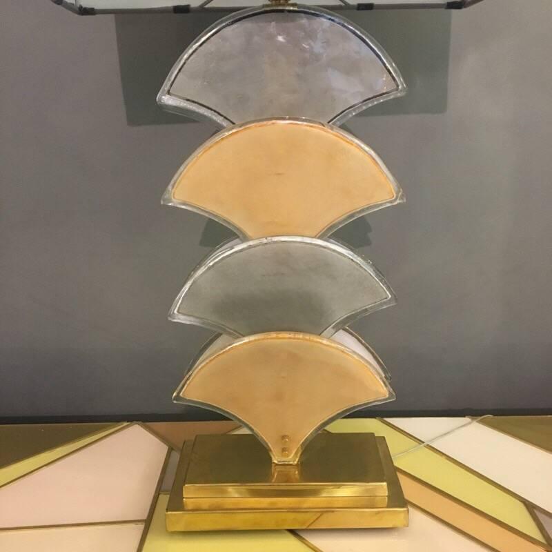 Pair of Deco Fan-Shaped Cream and Grey Murano Glass Table Lamps Brass Base 1940s In Excellent Condition In Florence, IT