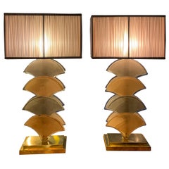 Pair of Deco Fan-Shaped Cream and Grey Murano Glass Table Lamps Brass Base 1940s
