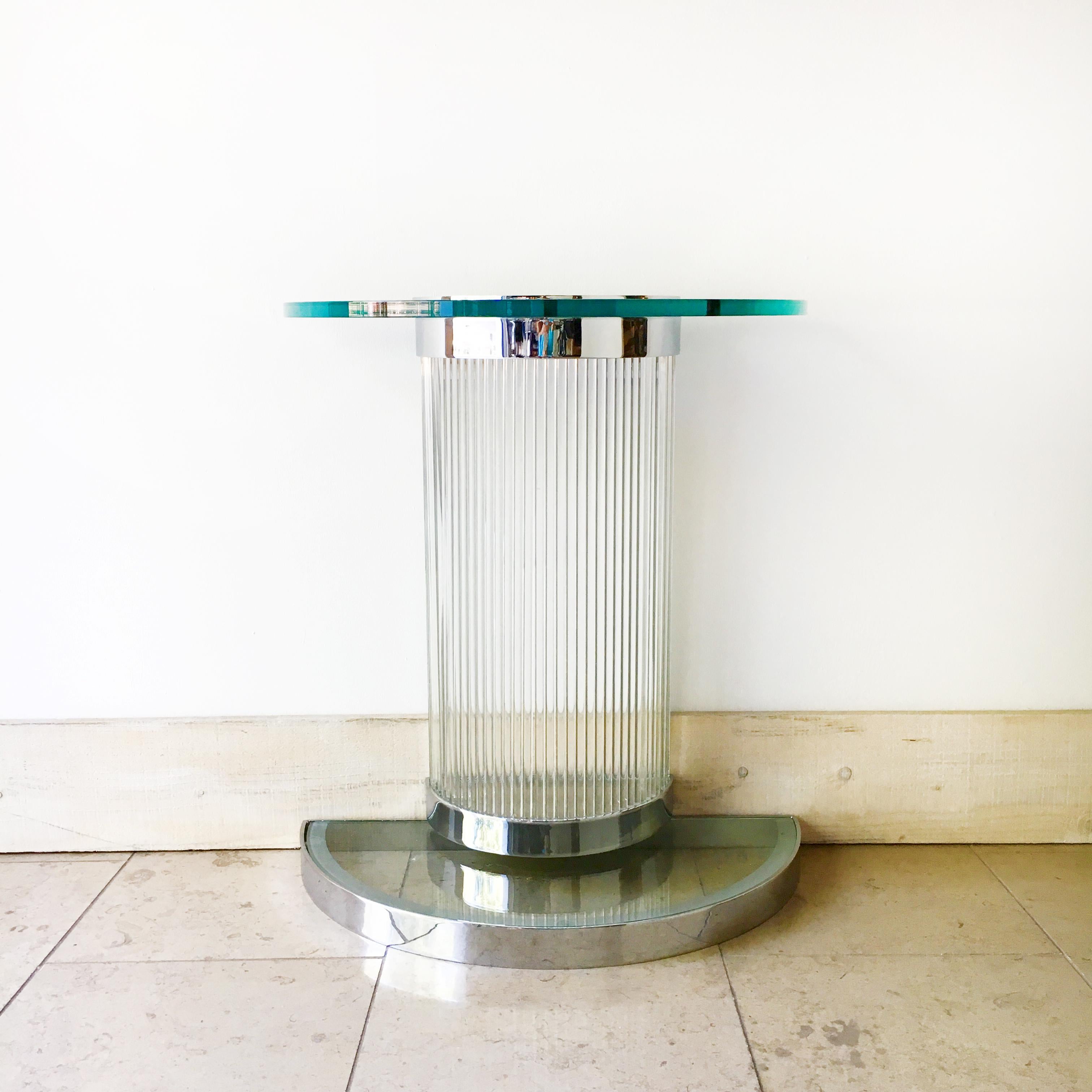 Mid-Century Modern Pair of Deco Influenced Chromed Steel and Glass Console Tables