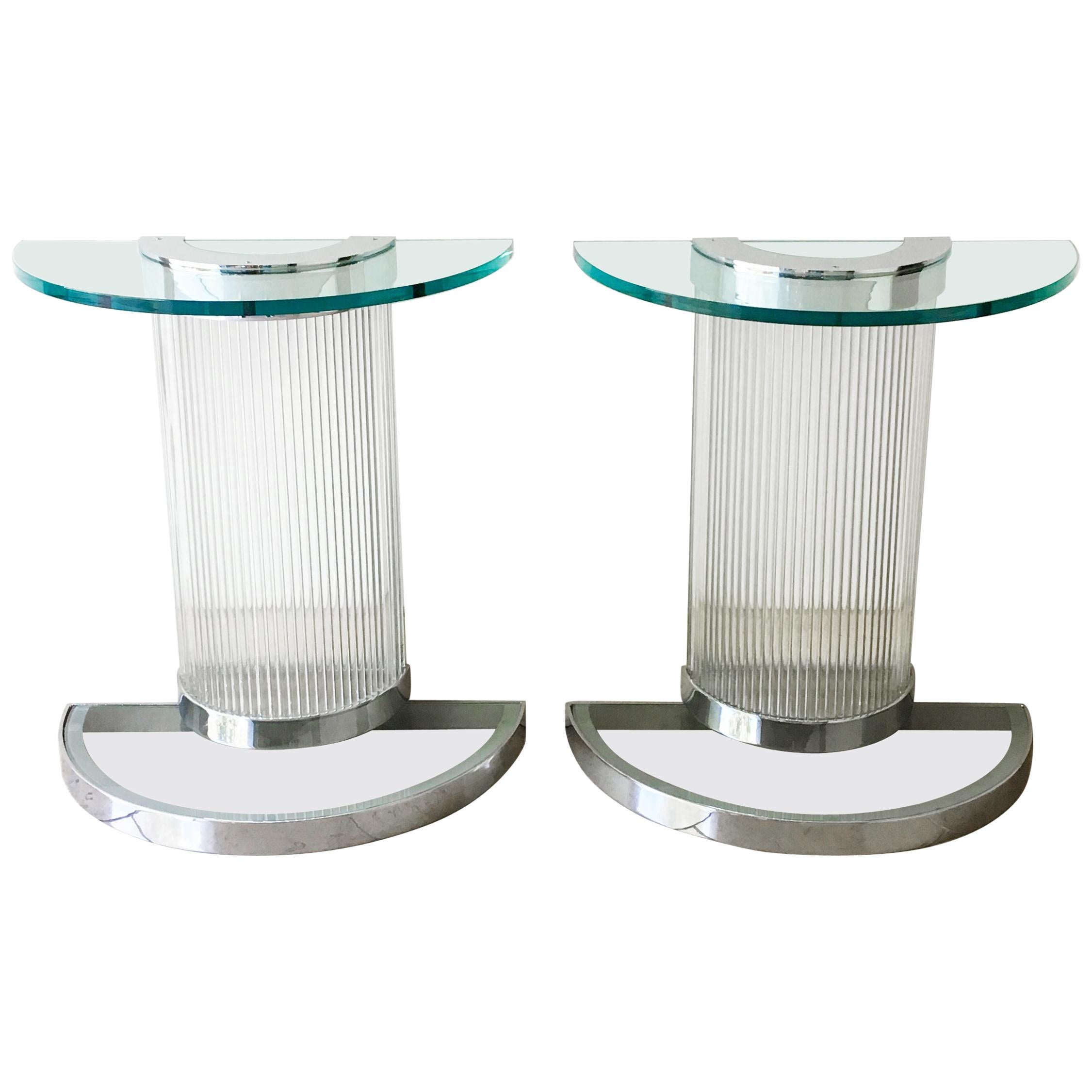 Pair of Deco Influenced Chromed Steel and Glass Console Tables For Sale