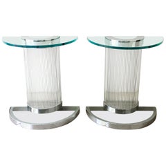 Pair of Deco Influenced Chromed Steel and Glass Console Tables