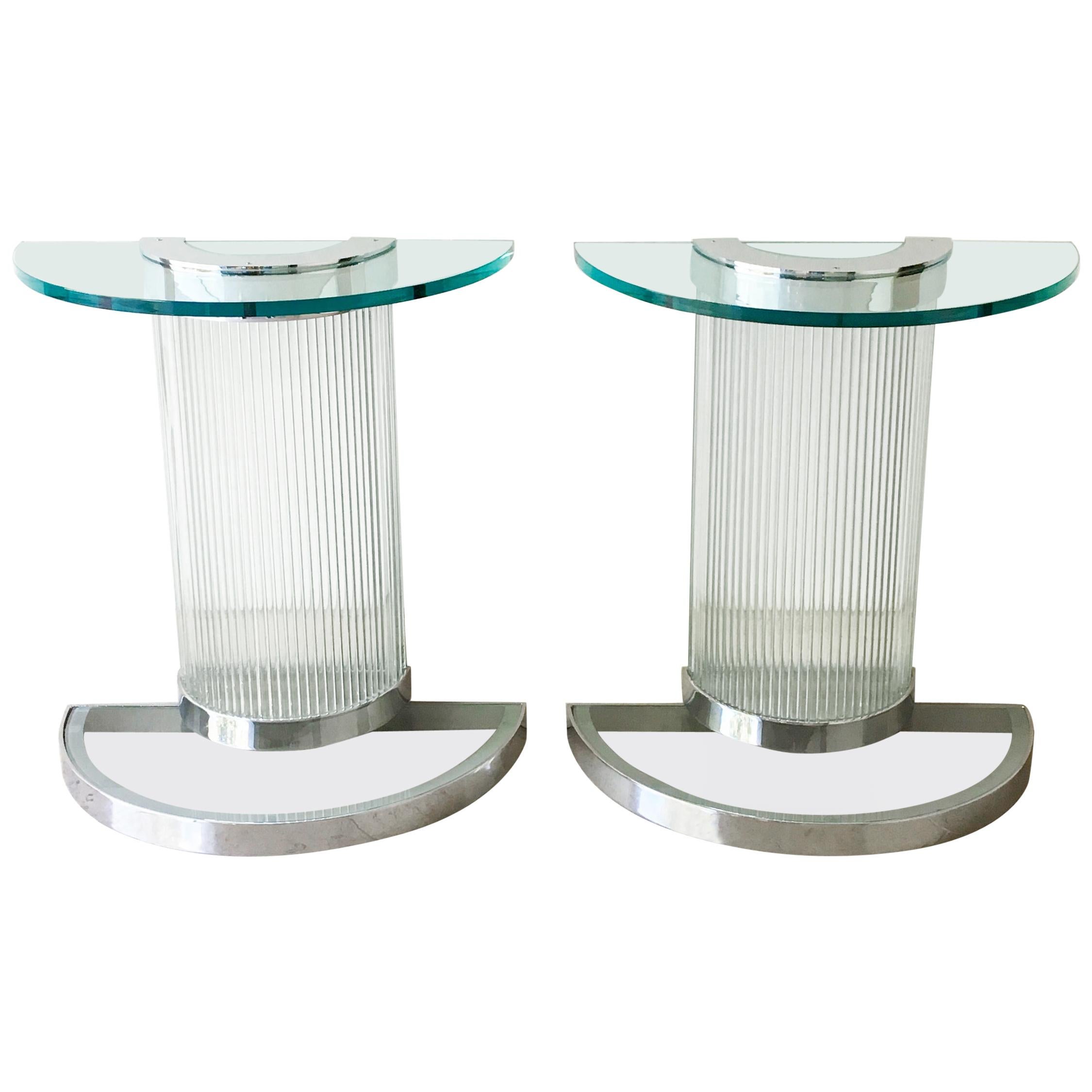 Pair of Deco Influenced Chromed Steel and Glass Console Tables
