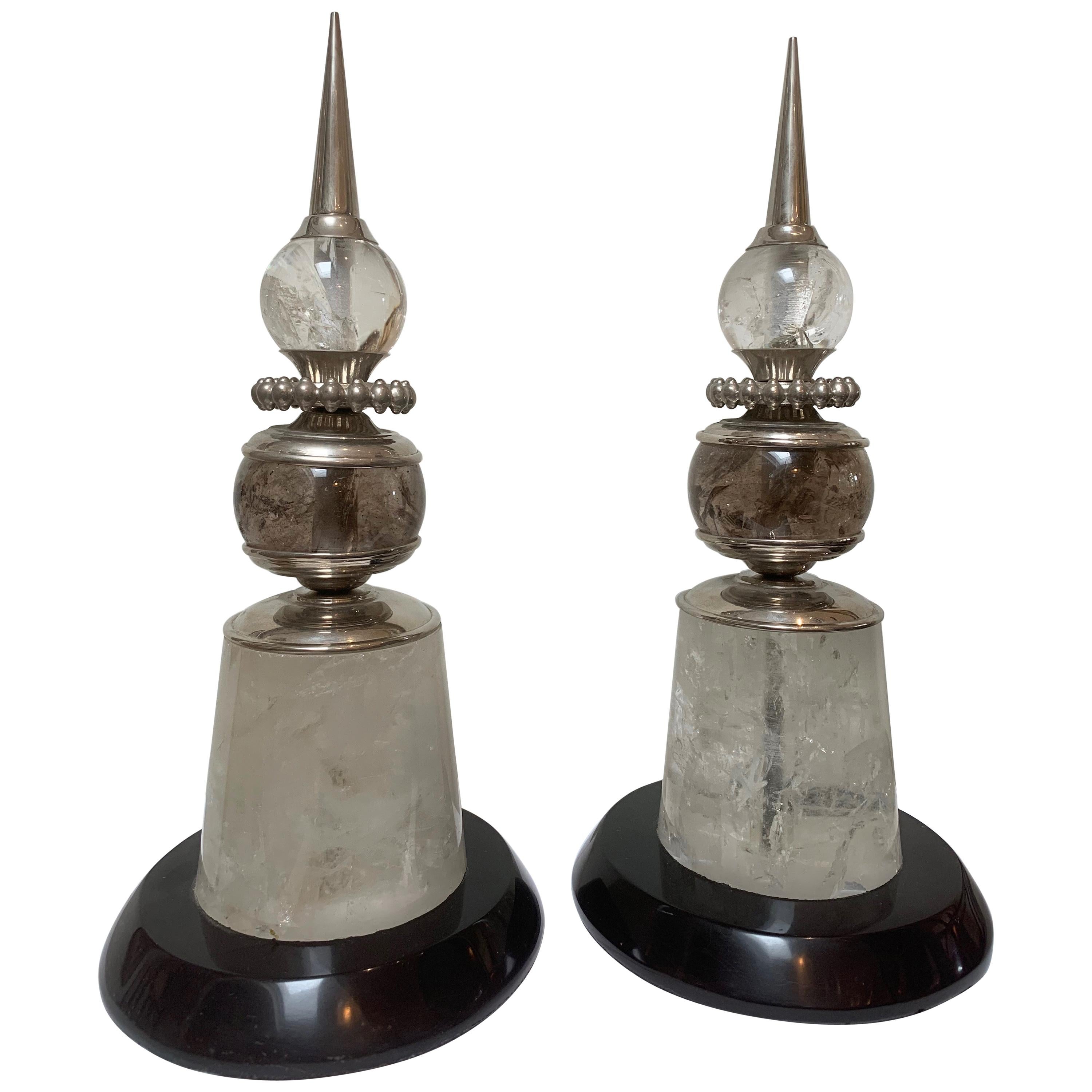 Pareja de Lanzas Modernas Deco, Níquel Pulido, Cristal de Roca, Mármol en venta