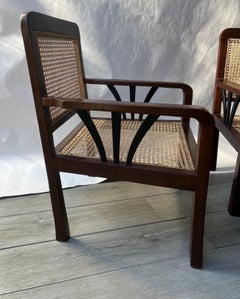 Pair of Deco Period British Colonial Hand Caned Teak Club Chairs