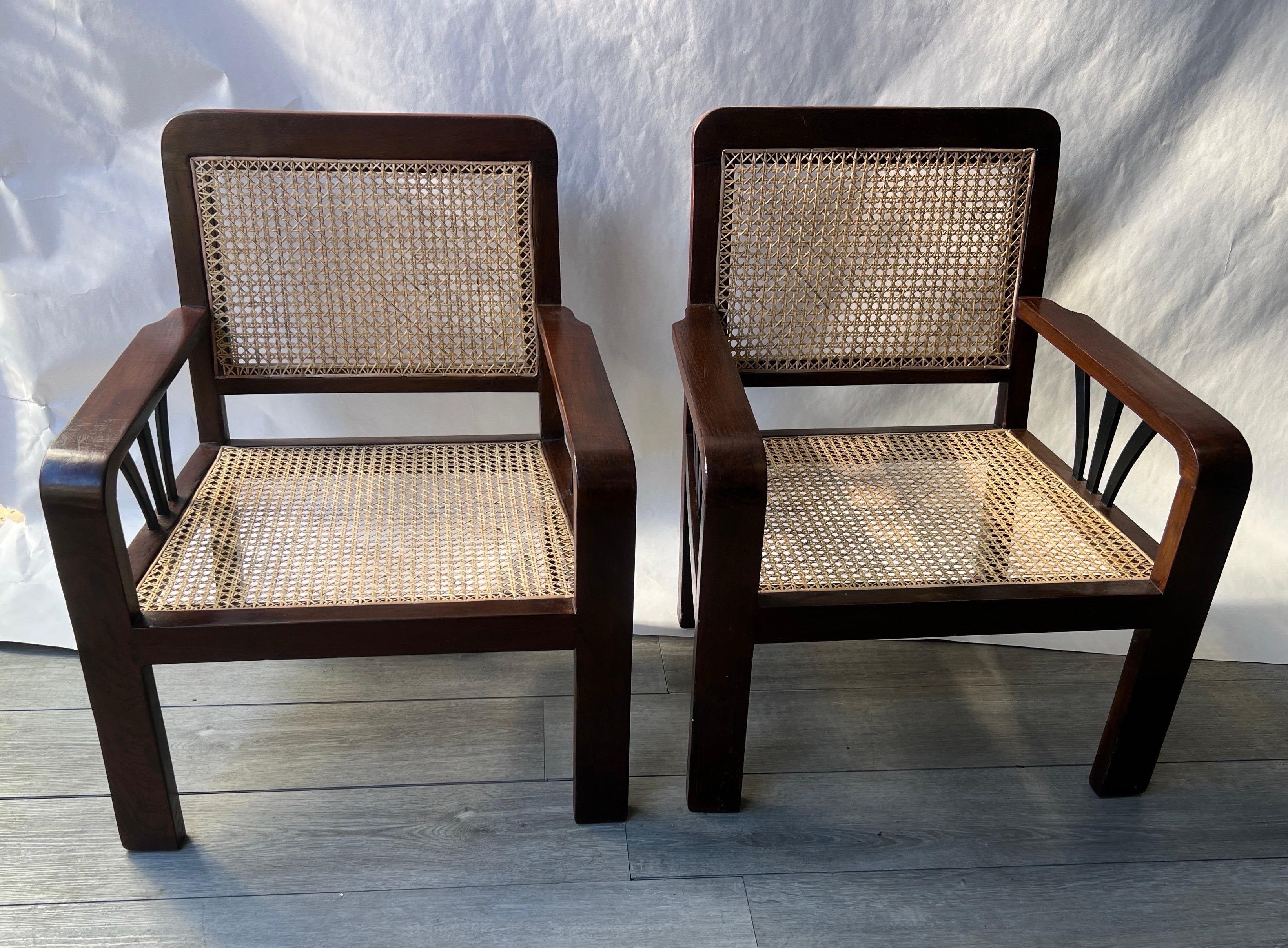 Unknown Pair of Deco Period British Colonial Hand Caned Teak Club Chairs  For Sale