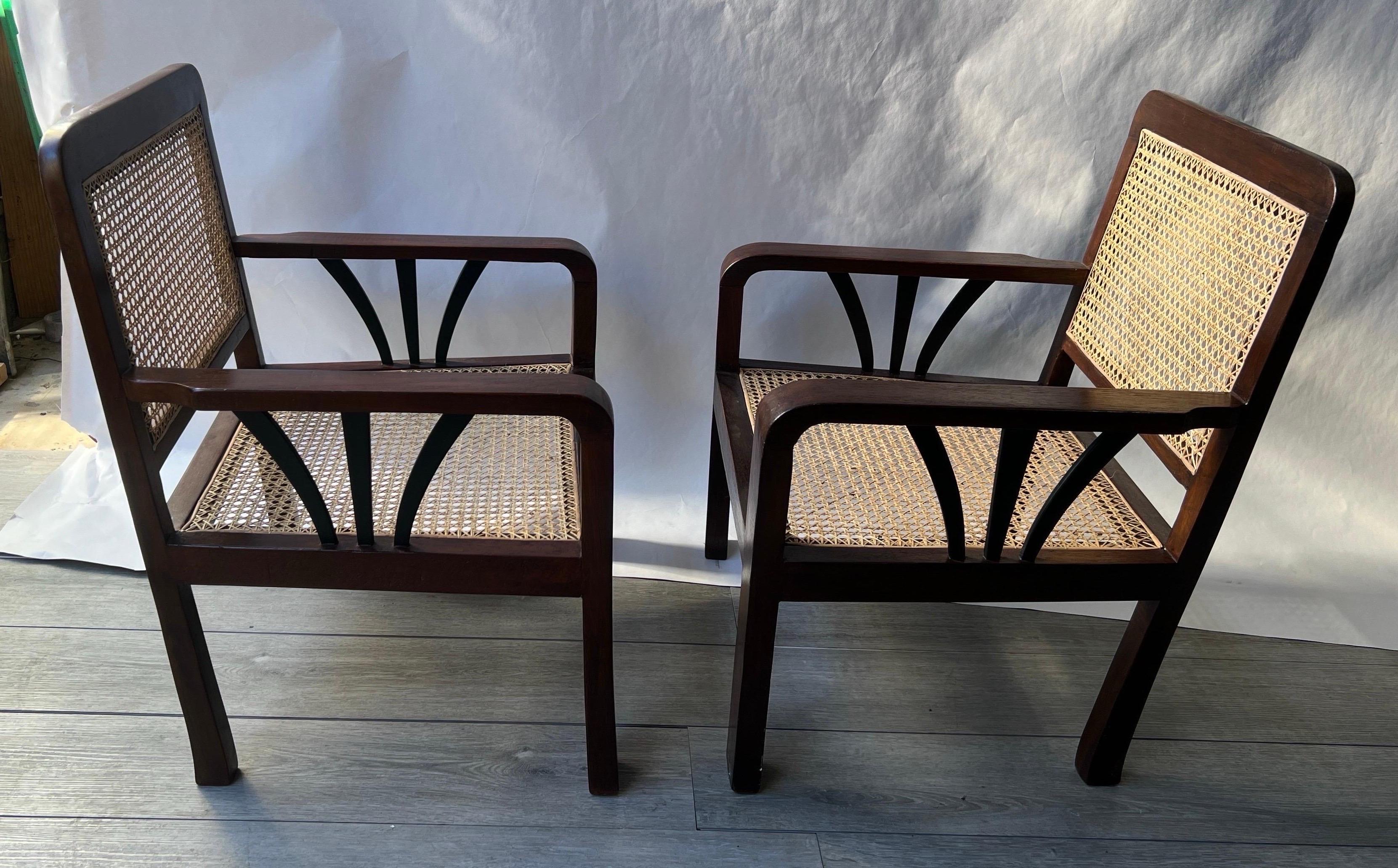 Pair of Deco Period British Colonial Hand Caned Teak Club Chairs  In Good Condition For Sale In Charleston, SC
