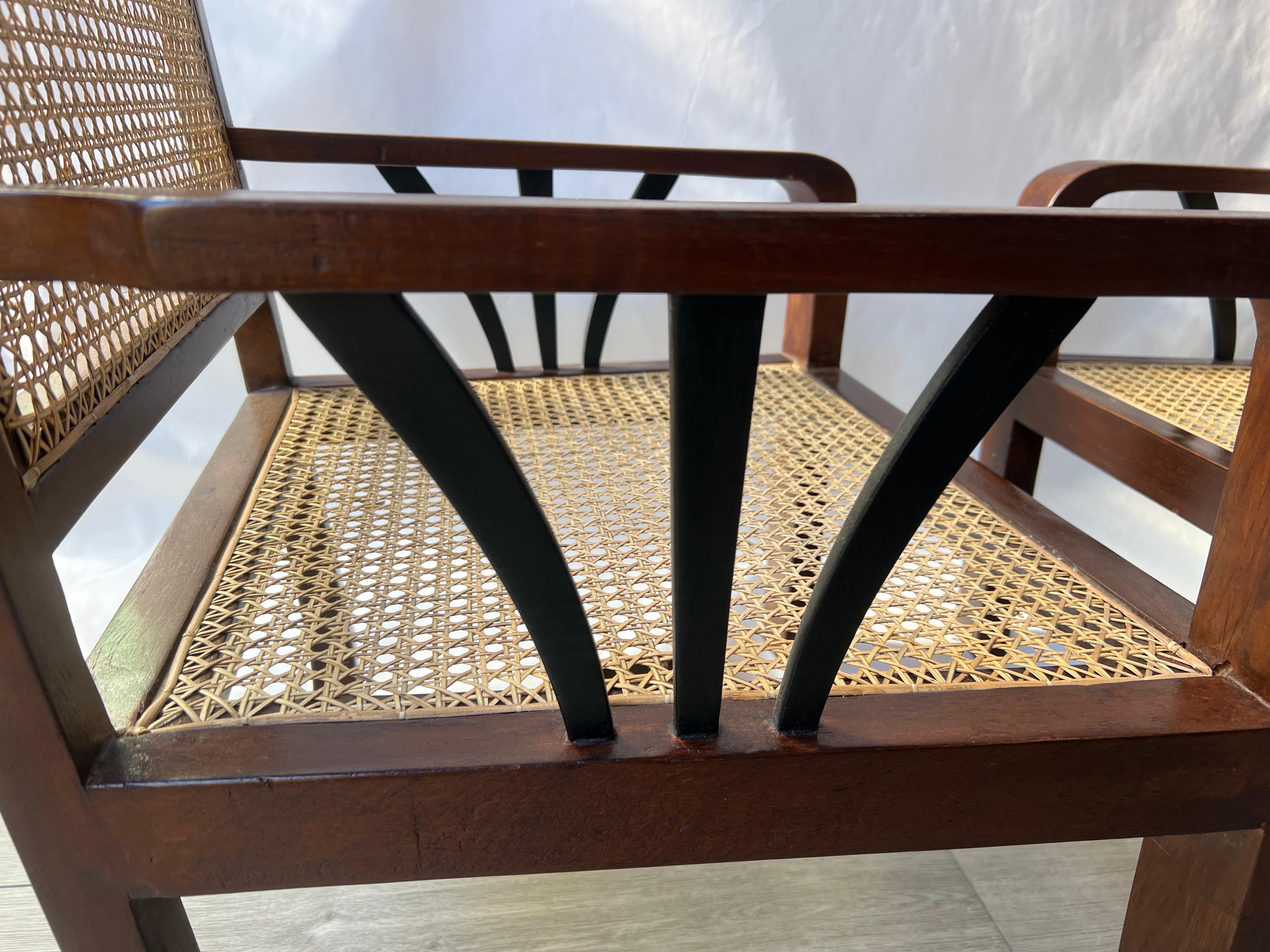 Pair of Deco Period British Colonial Hand Caned Teak Club Chairs  For Sale 1