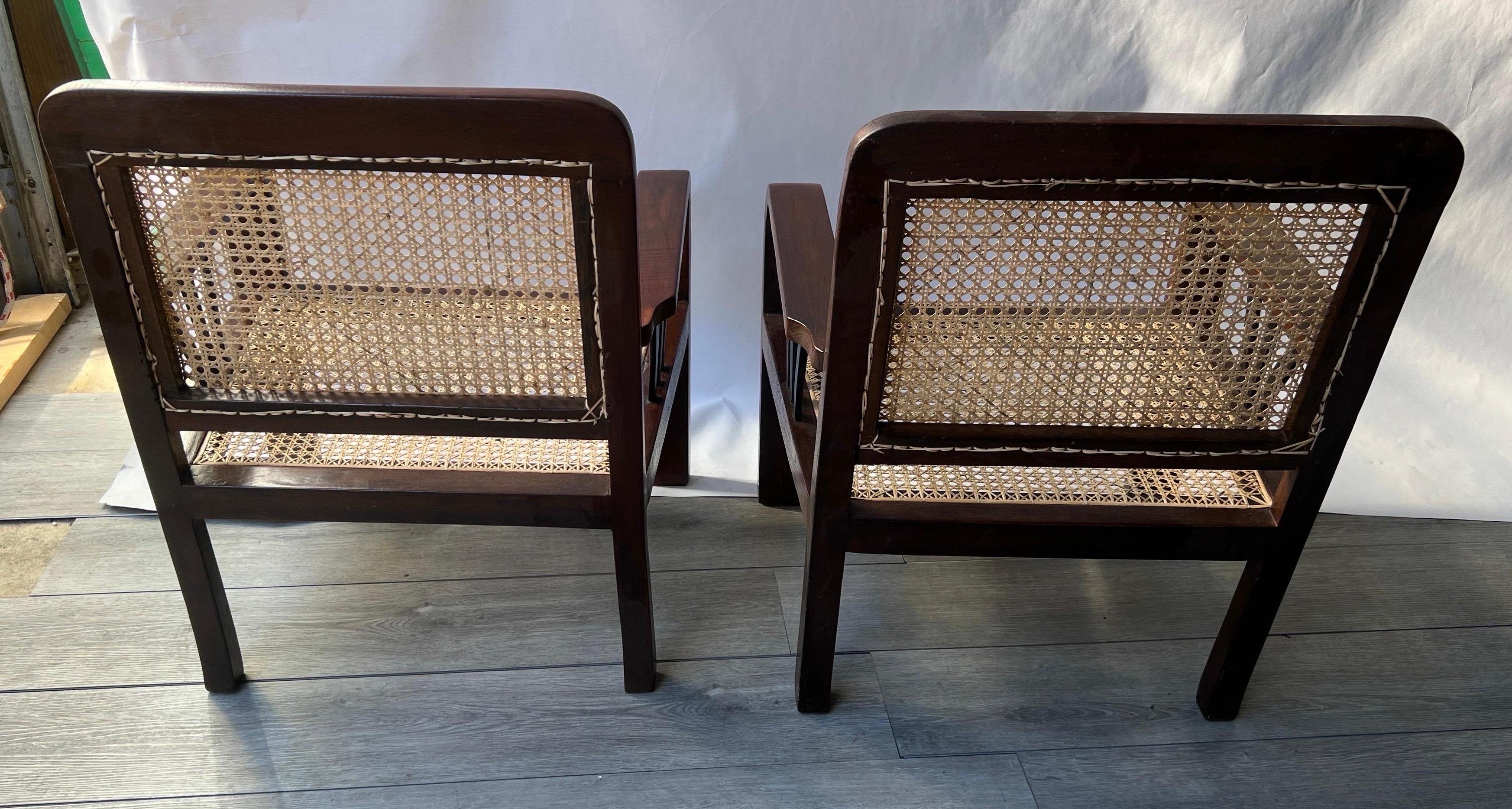 Pair of Deco Period British Colonial Hand Caned Teak Club Chairs  For Sale 2