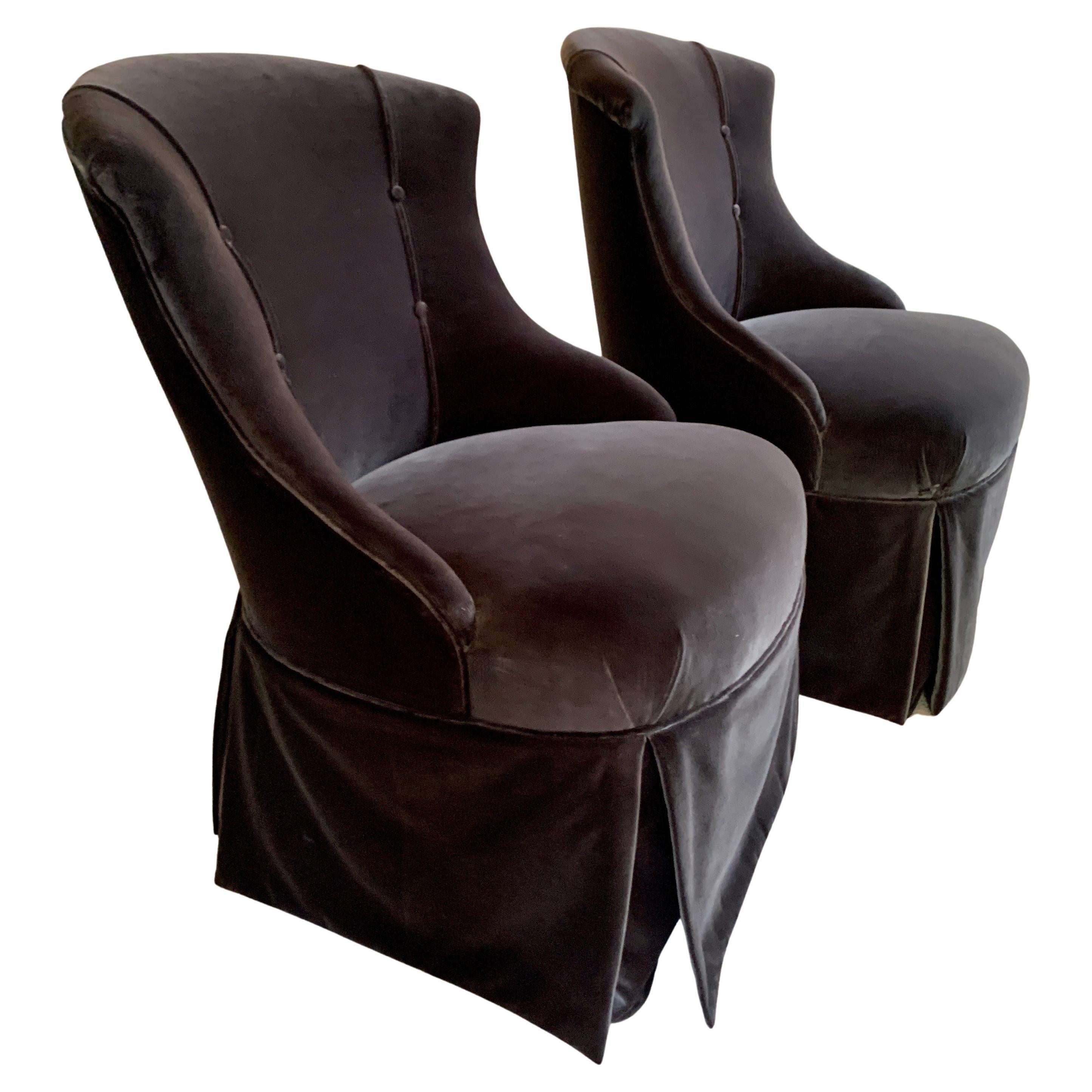 Pair of Deco Slipper Chairs Upholstered in Belgian Velvet
