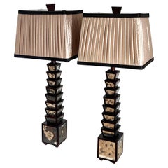 Pair of Deco Stacked Wood and Mirror Table Lamps, Early 20th Century