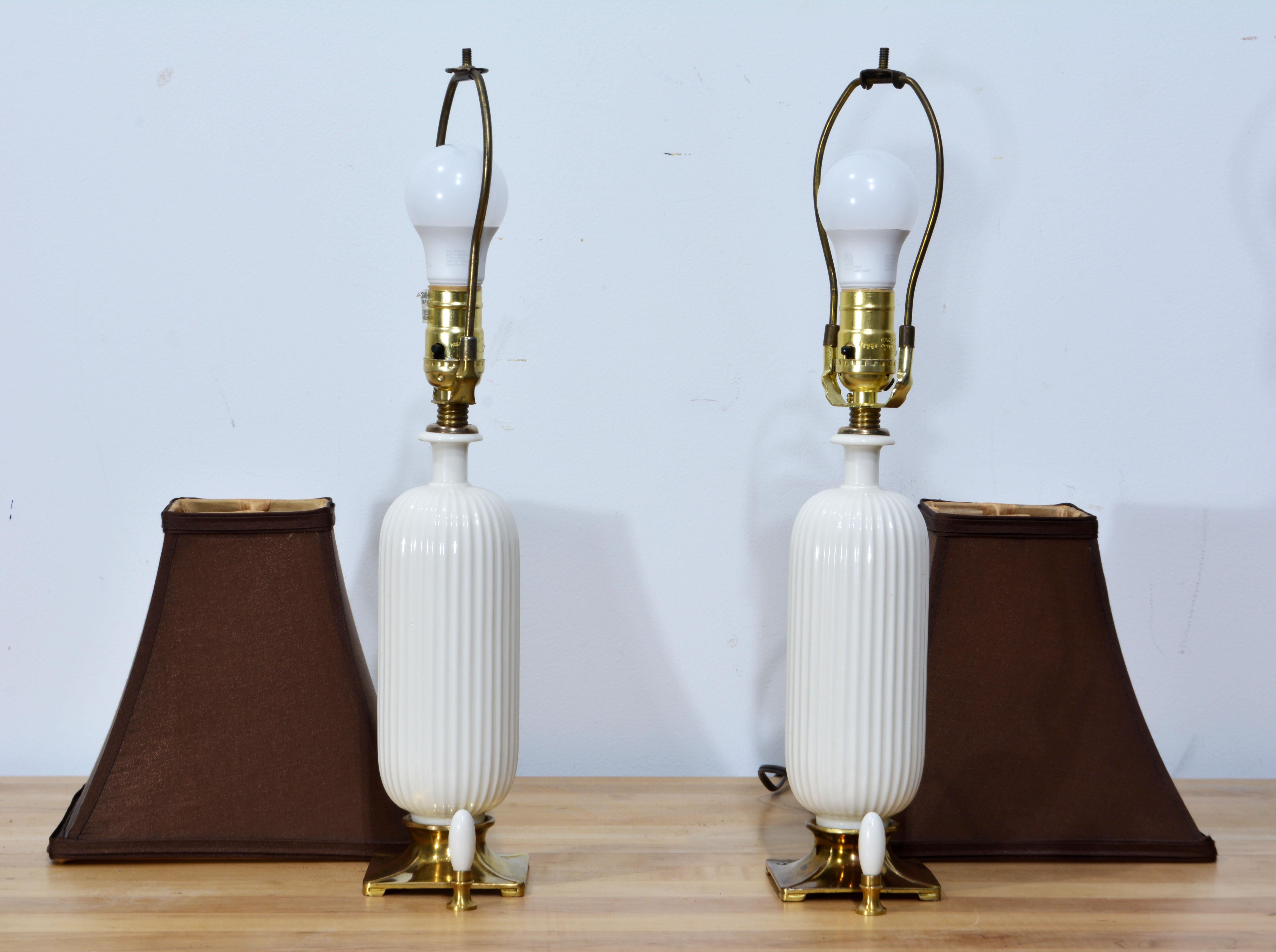 Pair of Deco Style 1950's Fluted Porcelain and Bronze Lamps by Dav Art, NY/Lenox For Sale 2