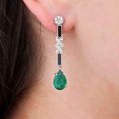 Pair of Deco Style Emerald, Diamond and Onyx Drop Earrings
