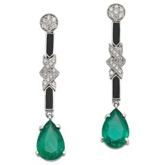 Pair of Deco Style Emerald, Diamond and Onyx Drop Earrings