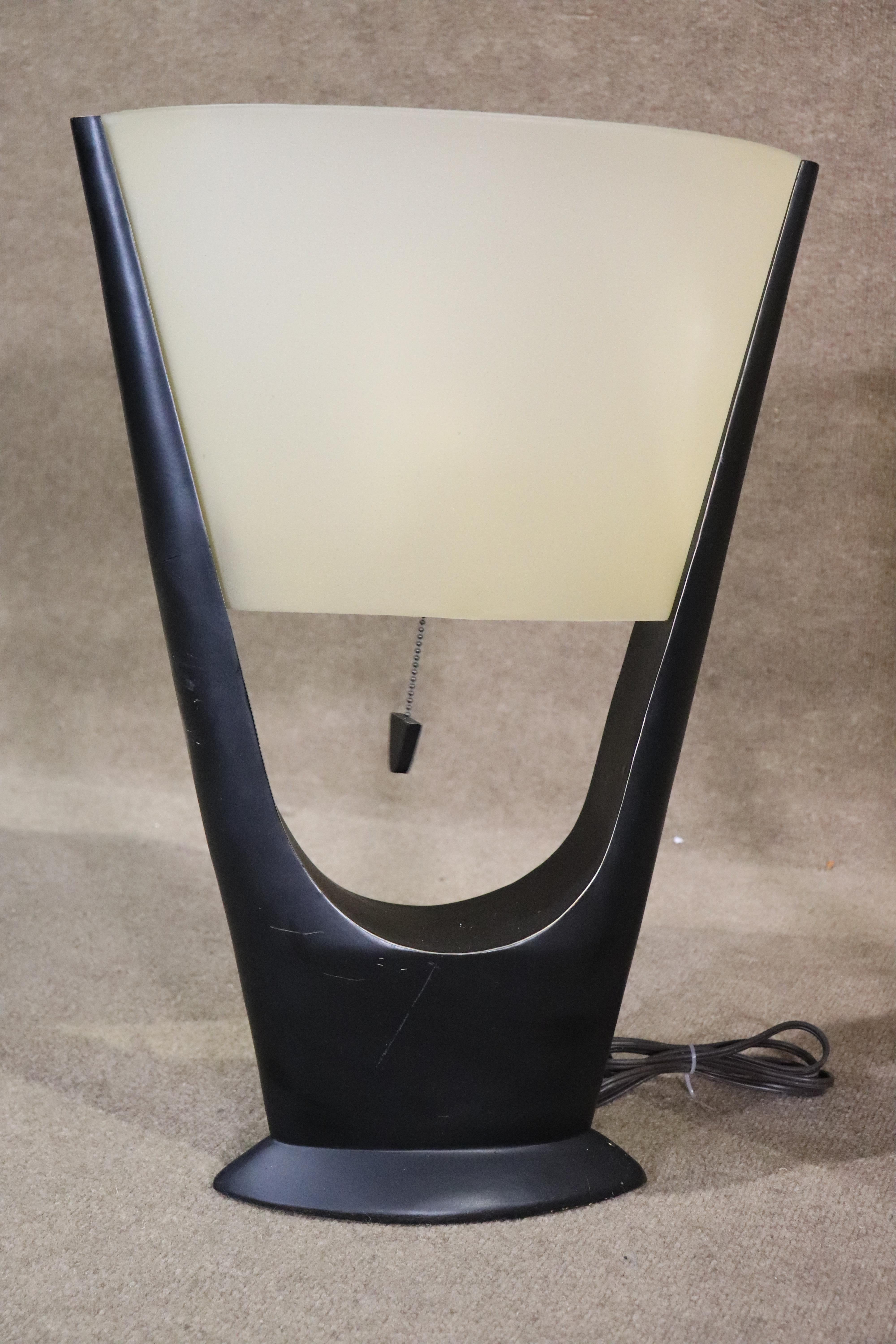 Pair of deco style tables lamps with built in plastic shades. Black sculpted bases with pull string sockets.
Please confirm location NY or NJ