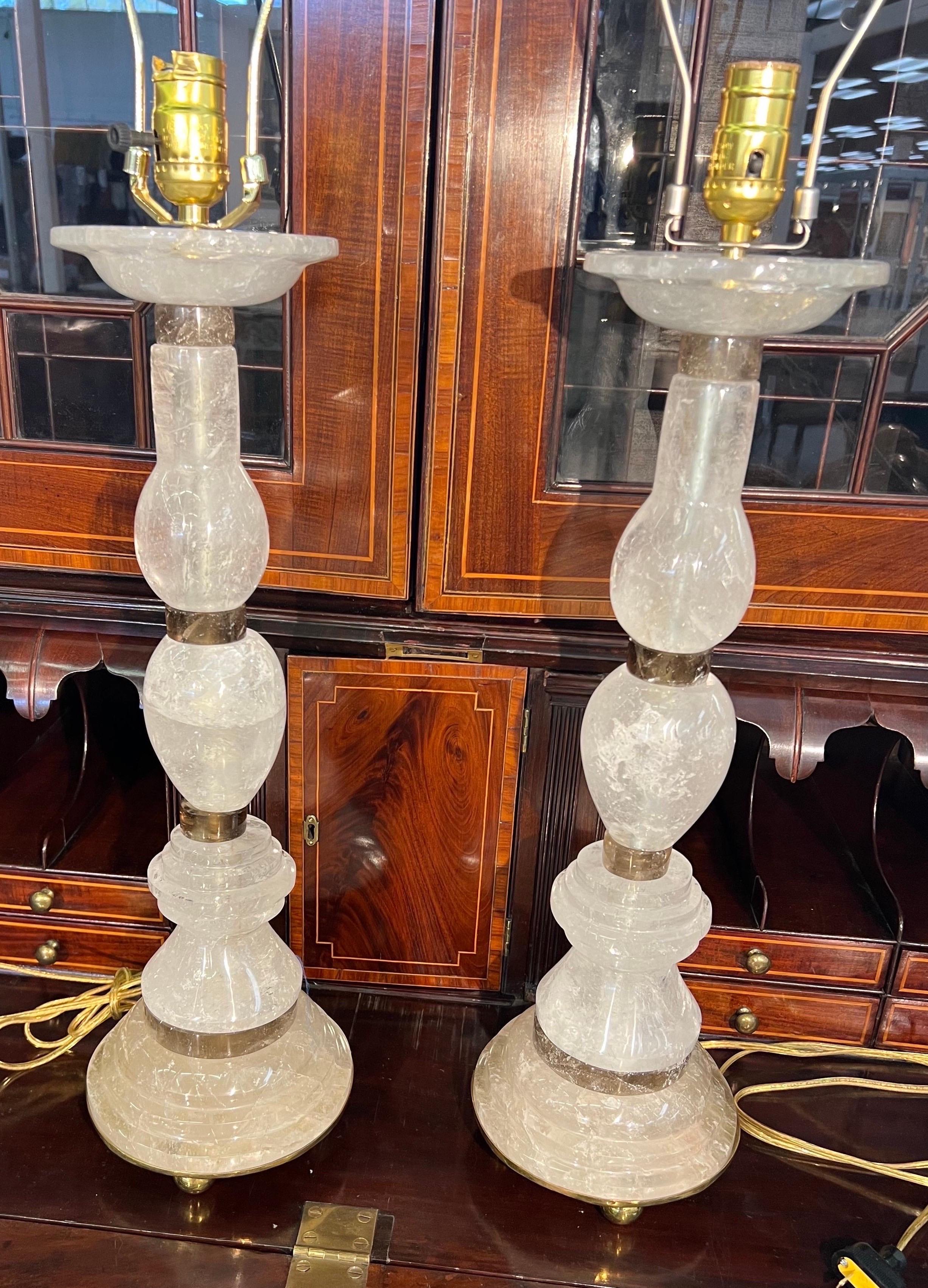 Fabulous pair of deco style solid rock crystal lamps 