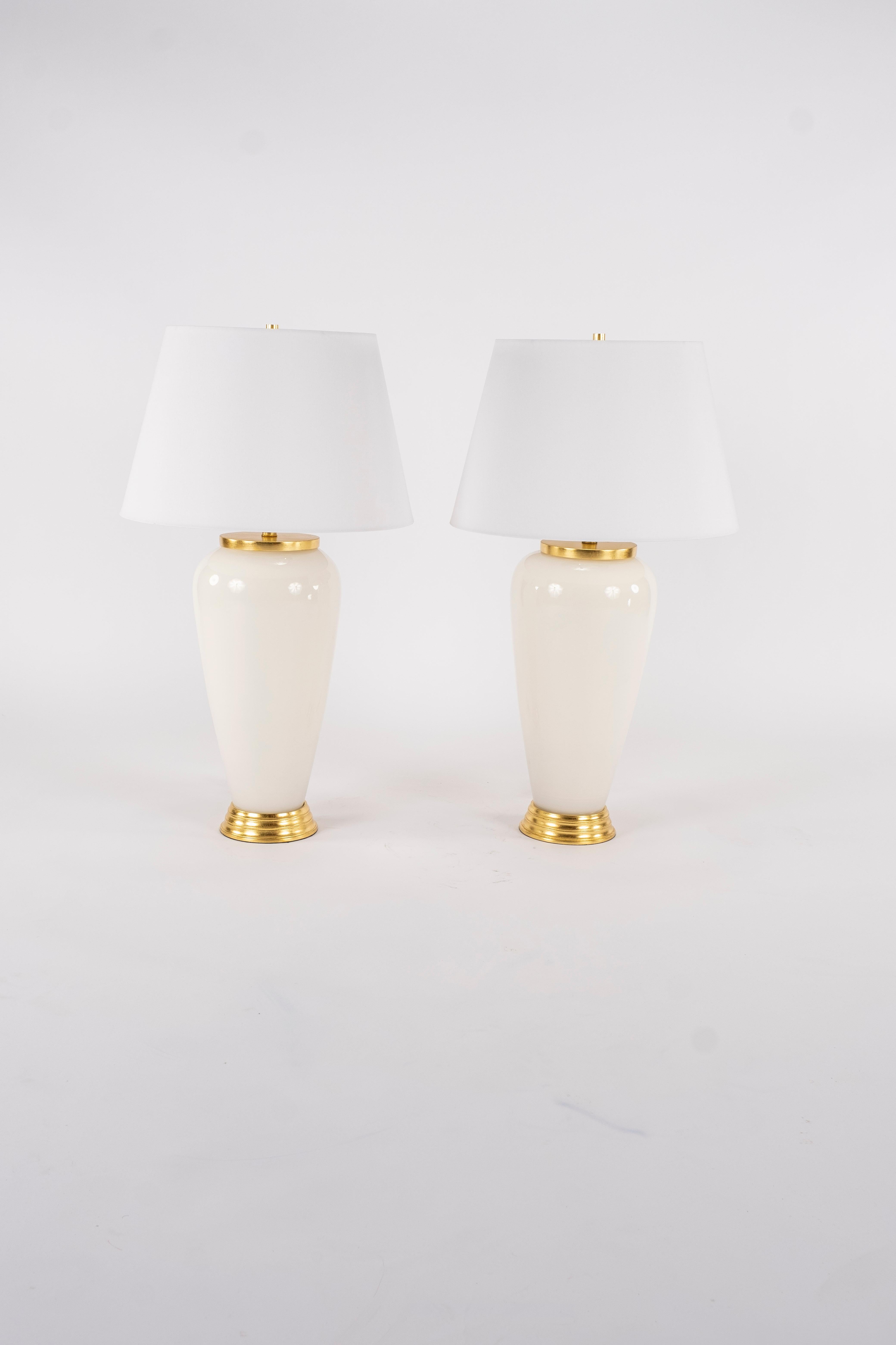 Gilt Pair of Deco Style White Glass Lamps For Sale