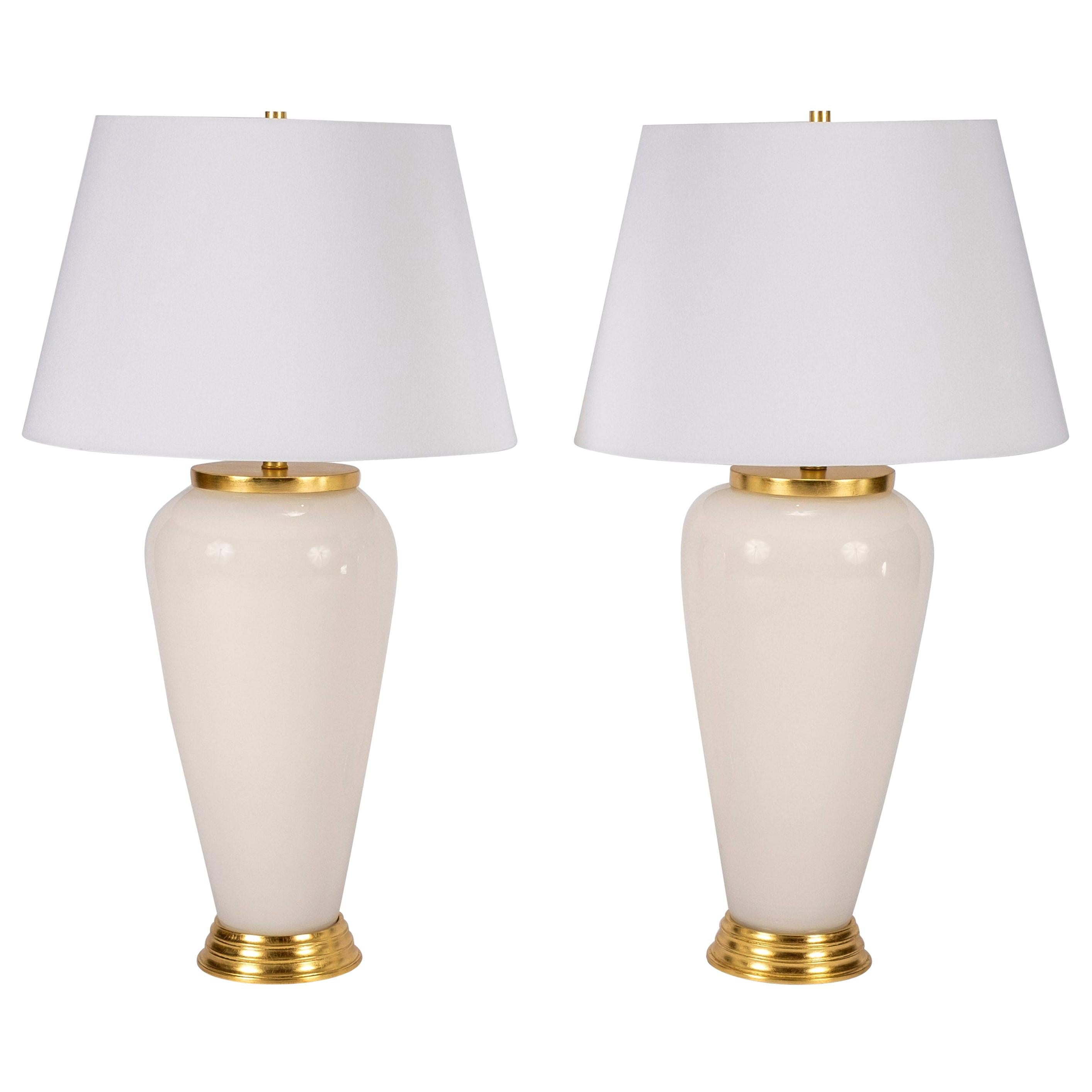 Pair of Deco Style White Glass Lamps For Sale