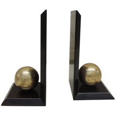 Pair of Deco Style Wood Bookends with Gold Leaf Spheres