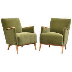 Used Pair of Deco Velvet Lounge Chairs with Wooden Armrests