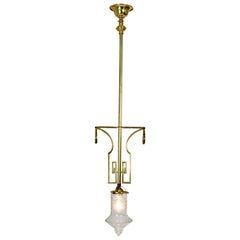 Pair of Decorated Art Deco Cast Brass Pendant Lamps with Cut Crystal Shade