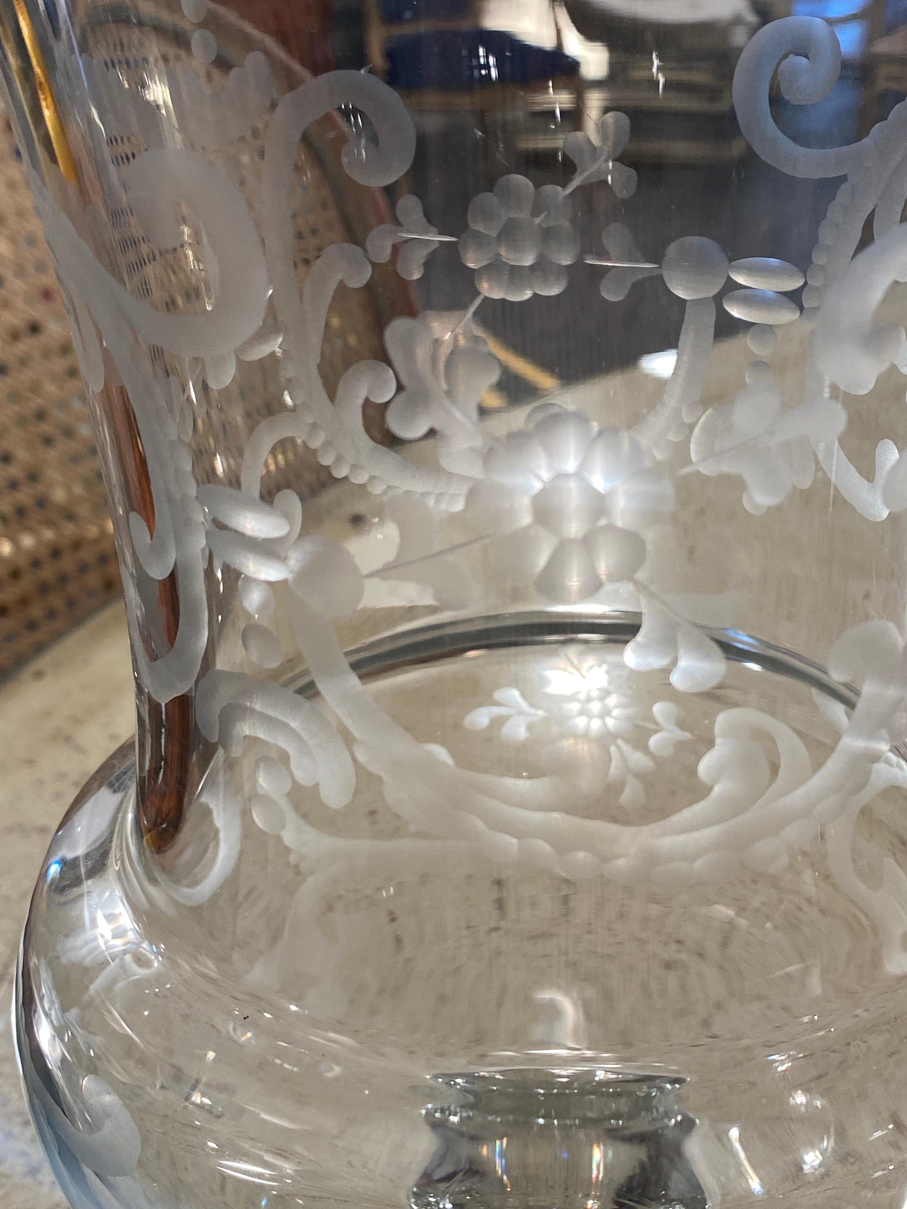 Pair of decorated glass vases 
Hand-blown and hand-cut glass Medici vases 
Floral motifs 
1980
Perfect condition 
dimensions : h31 cm x ø 23 cm 
Price : 650 € per pair 