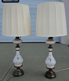Pair of Decorated Milk Glass with Oil Burner Fitting Table Lamps