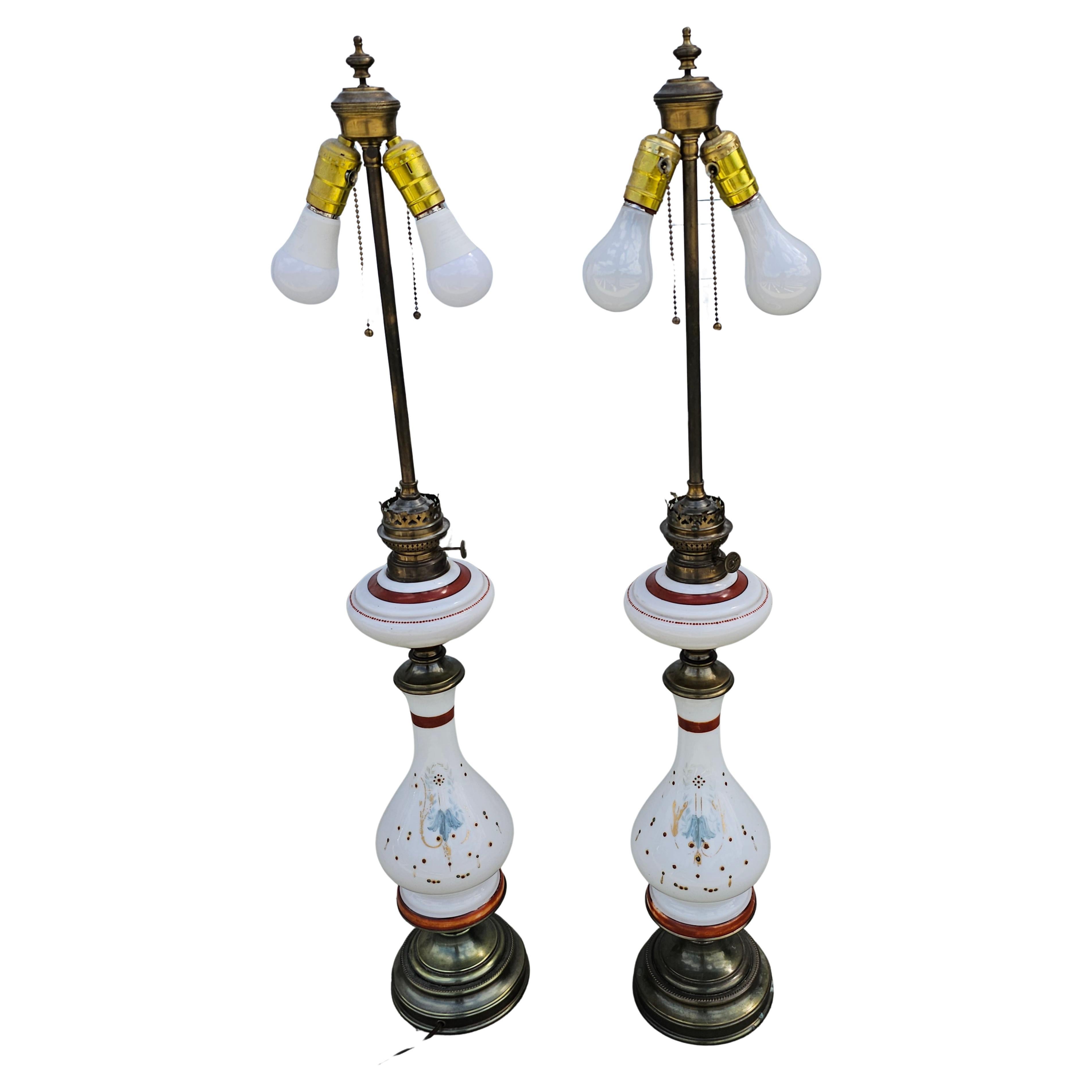 Pair of Decorated Milk Glass with Oil Burner Fitting Table Lamps