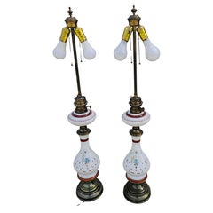 Pair of Decorated Milk Glass with Oil Burner Fitting Table Lamps