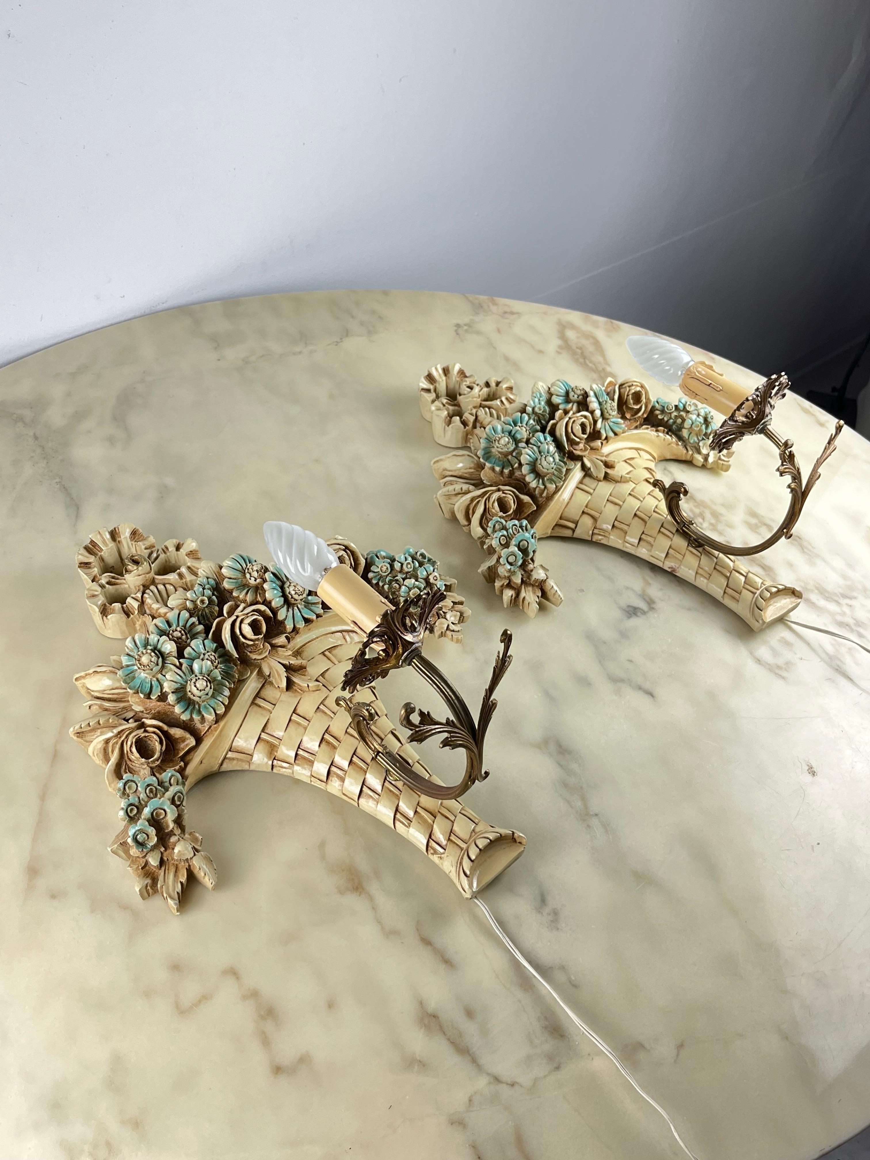 Italian Pair of Decorated Venetian Wall Lights, Italy, 1960s For Sale