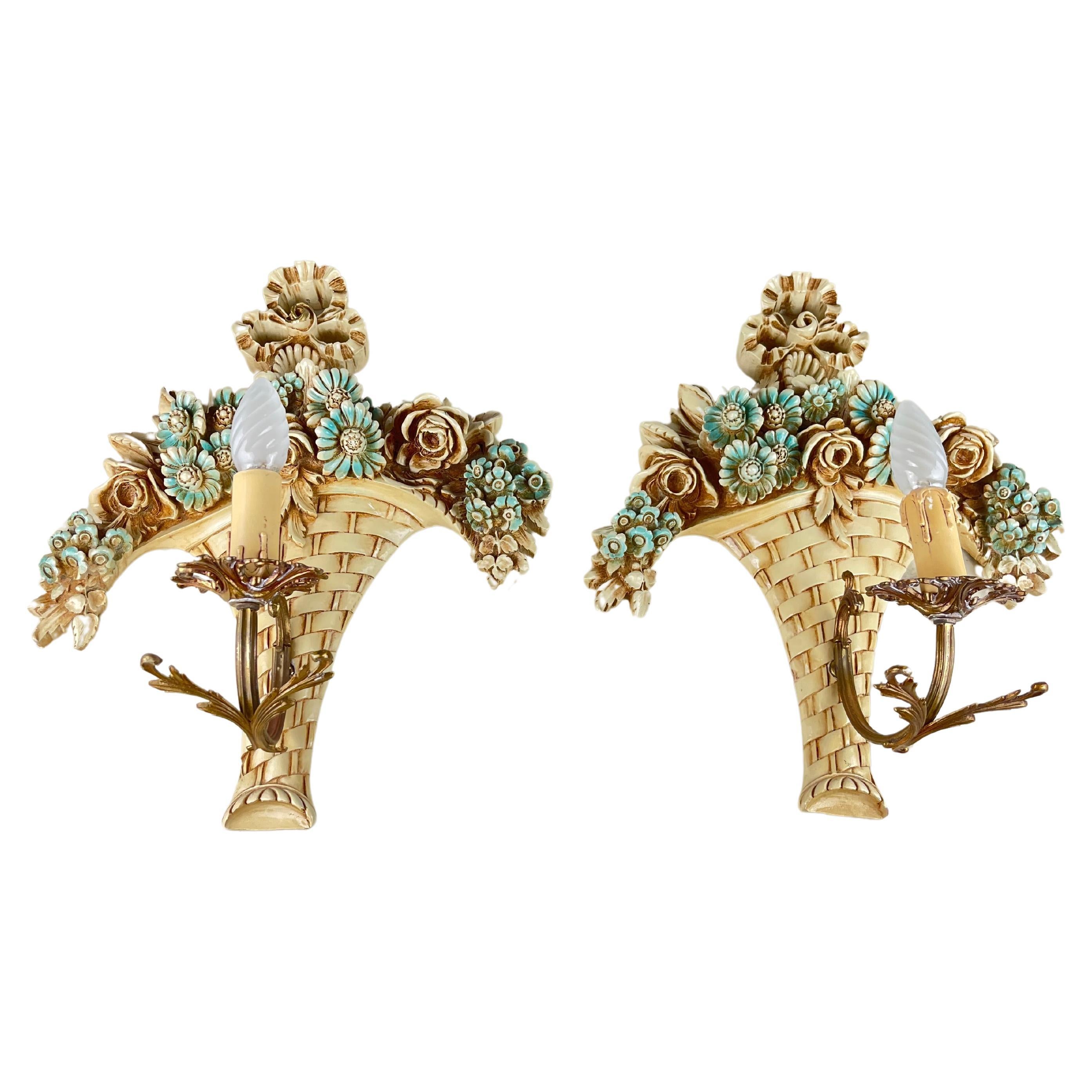 Pair of Decorated Venetian Wall Lights, Italy, 1960s For Sale