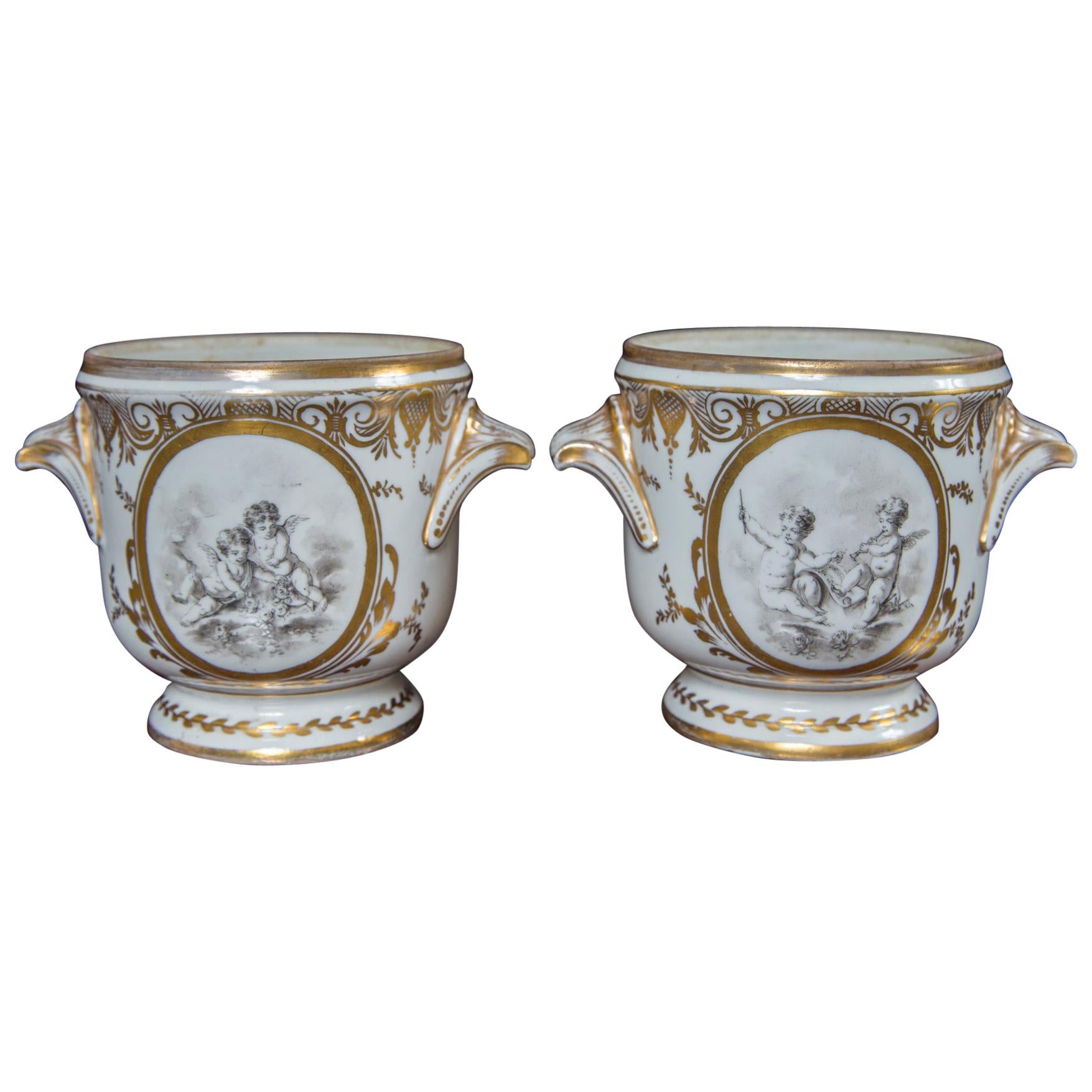 Pair of Decorated White French Porcelain Cache Pots