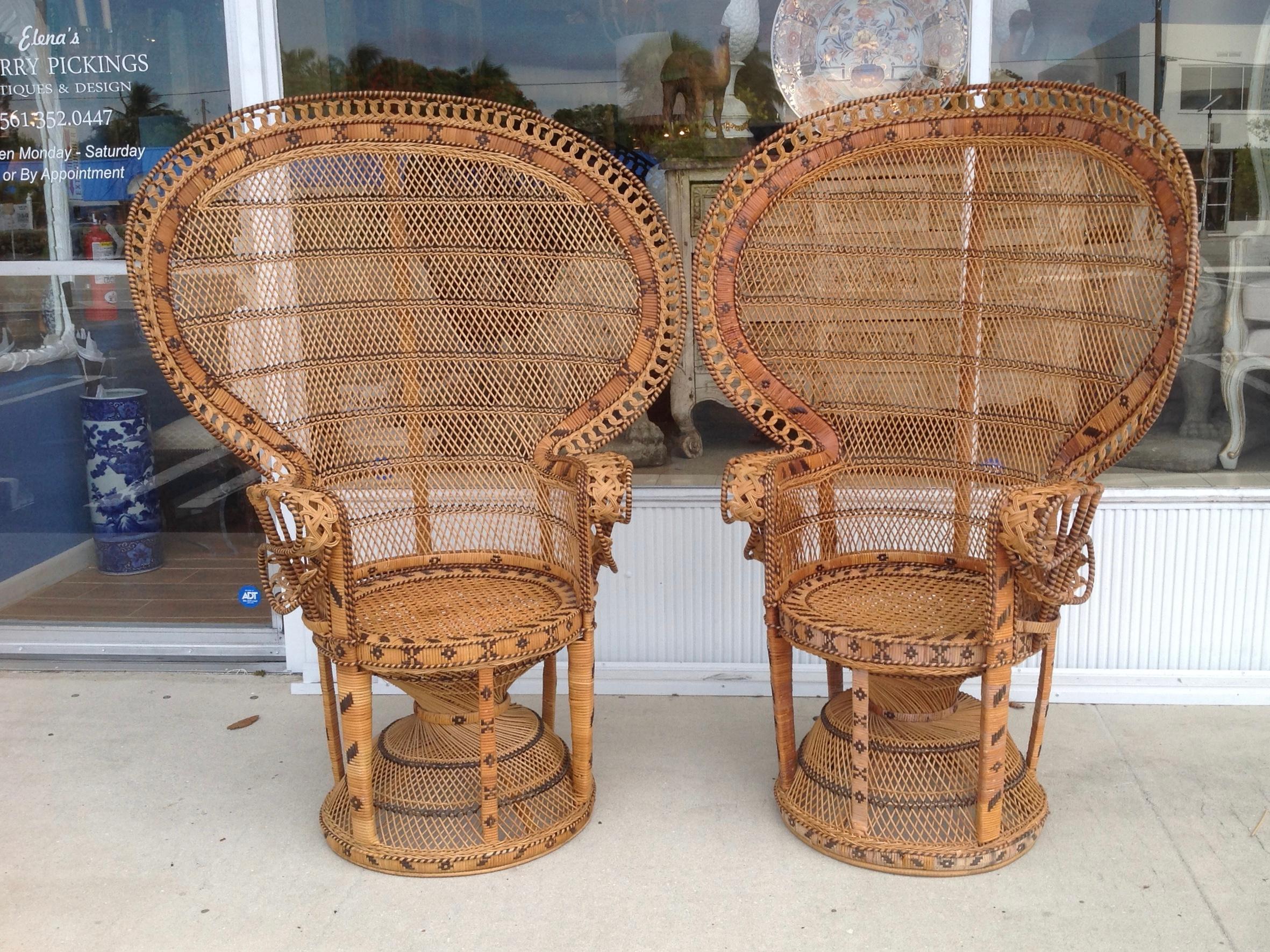 Hong Kong Pair of Decorated Woven Rattan Peacock Chairs