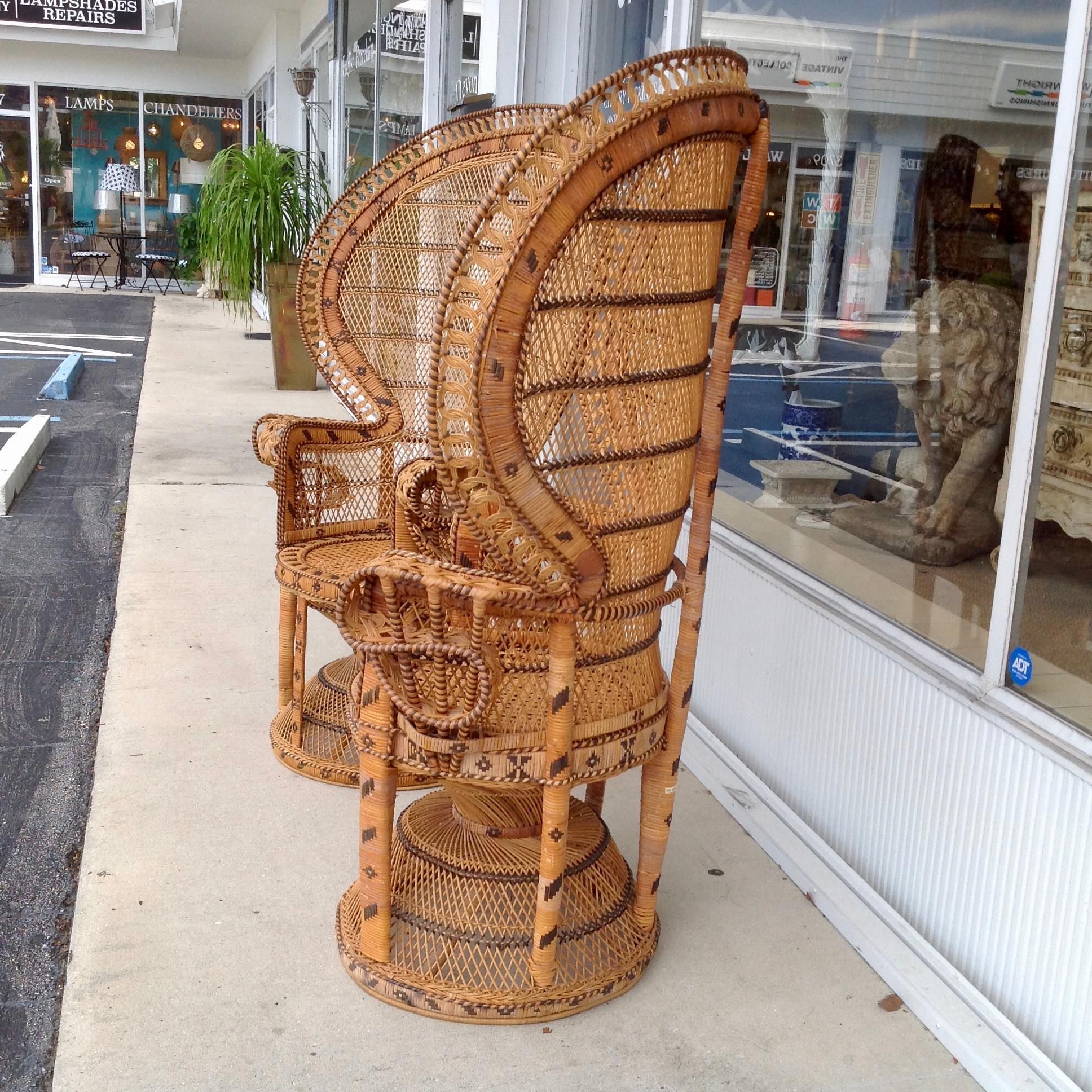 Pair of Decorated Woven Rattan Peacock Chairs In Good Condition In West Palm Beach, FL