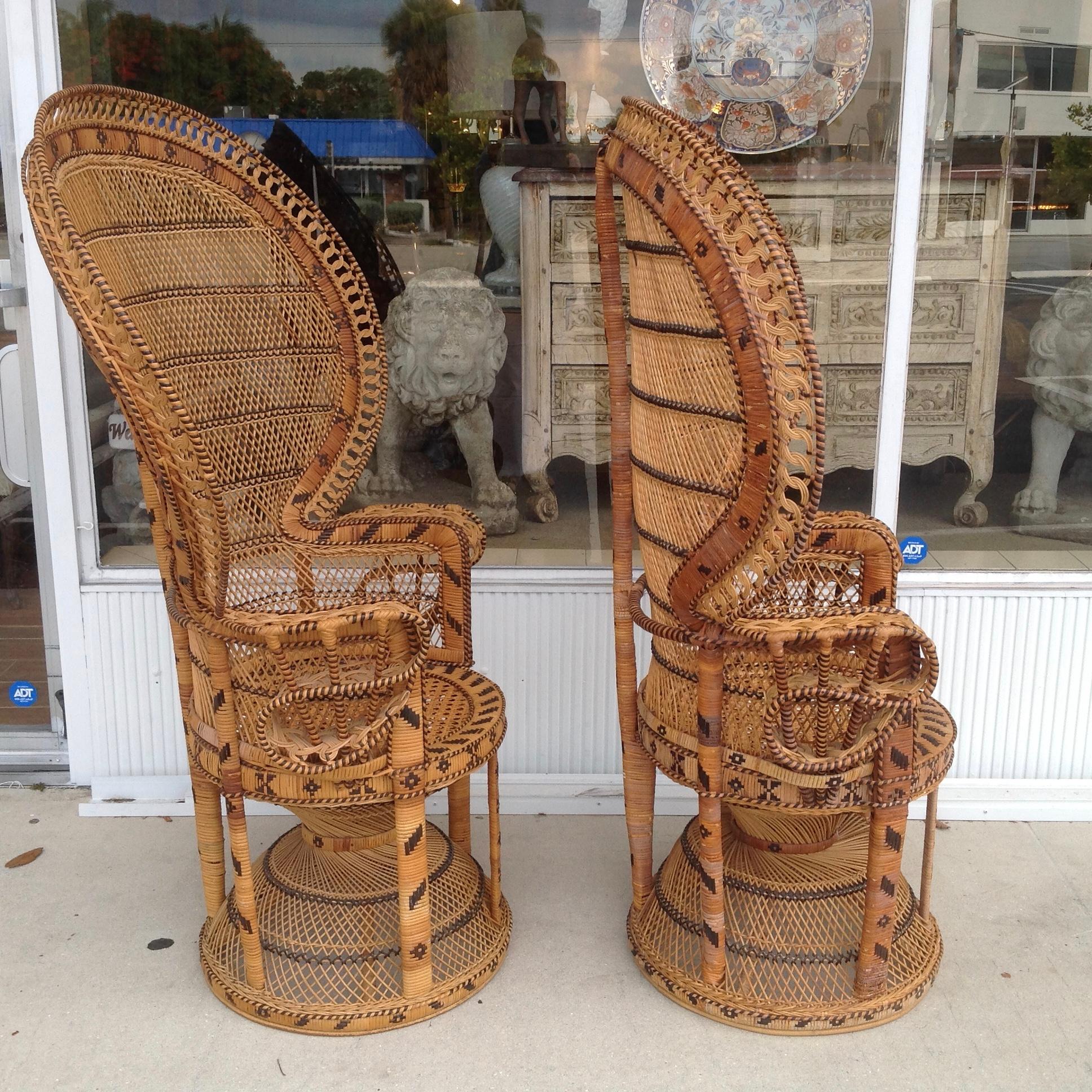 20th Century Pair of Decorated Woven Rattan Peacock Chairs