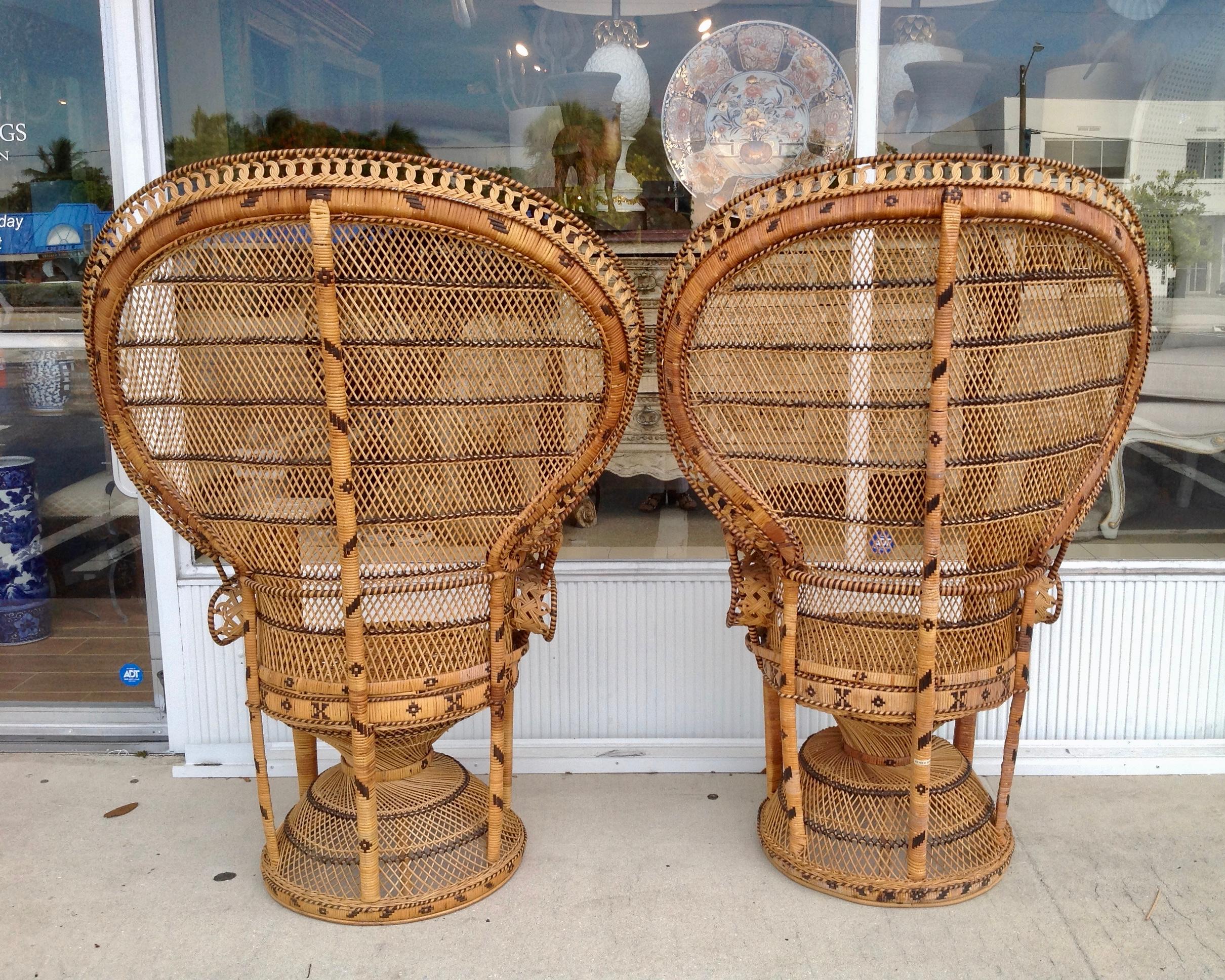 Pair of Decorated Woven Rattan Peacock Chairs 1