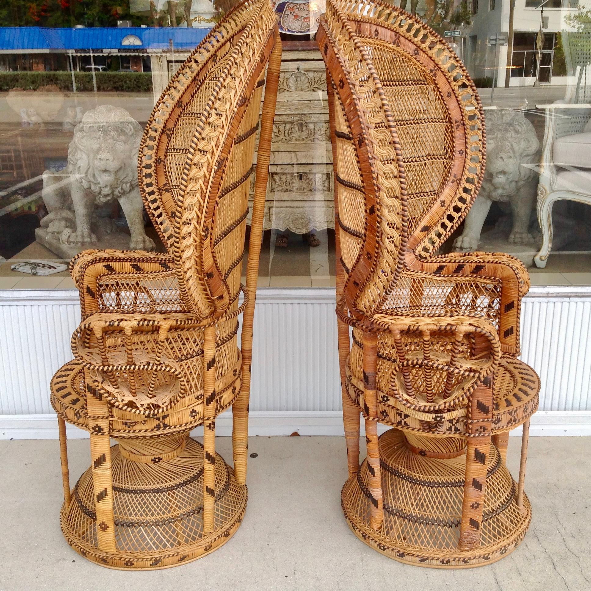 Pair of Decorated Woven Rattan Peacock Chairs 2