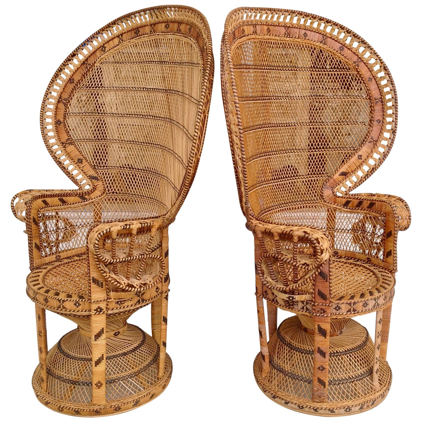 Pair of Decorated Woven Rattan Peacock Chairs