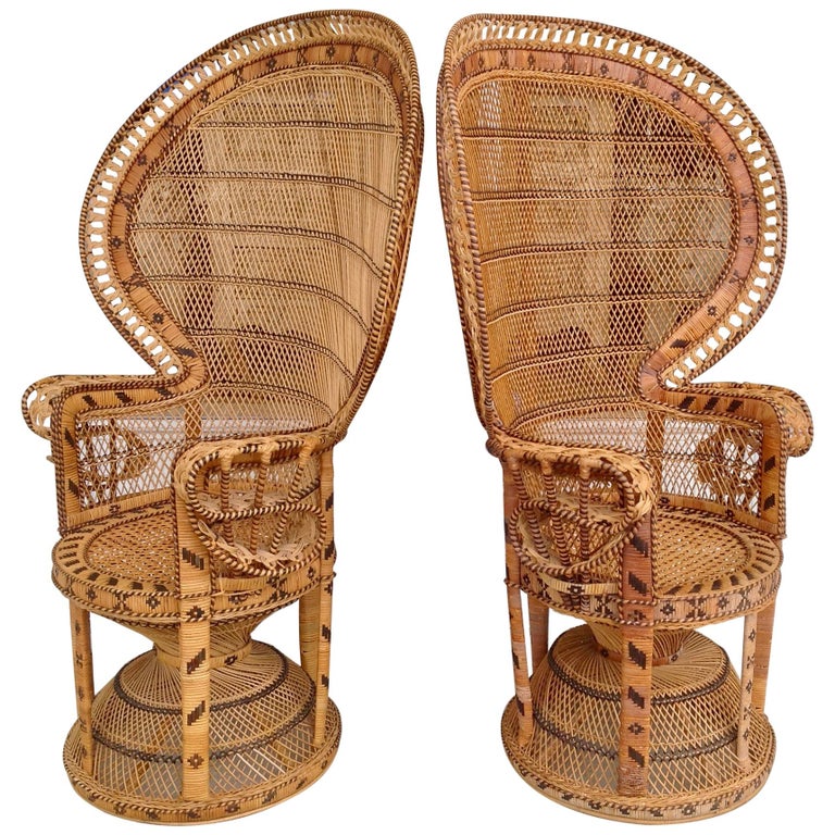 Pair of Decorated Woven Rattan Peacock Chairs at 1stDibs