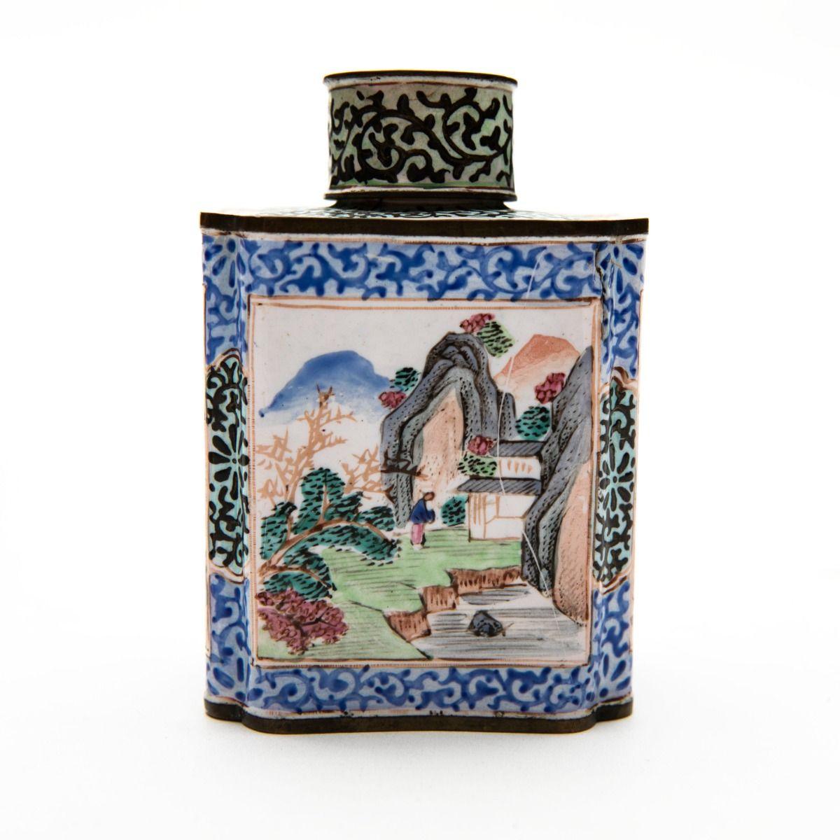 A pair of decorative and exquisite Canton tea caddies crafted from copper, featuring richly detailed, hand-painted landscape motifs on enamel surfaces.

Period:
Qianlong (1736–1795), China.

Condition:
Original untouched condition with minor corner