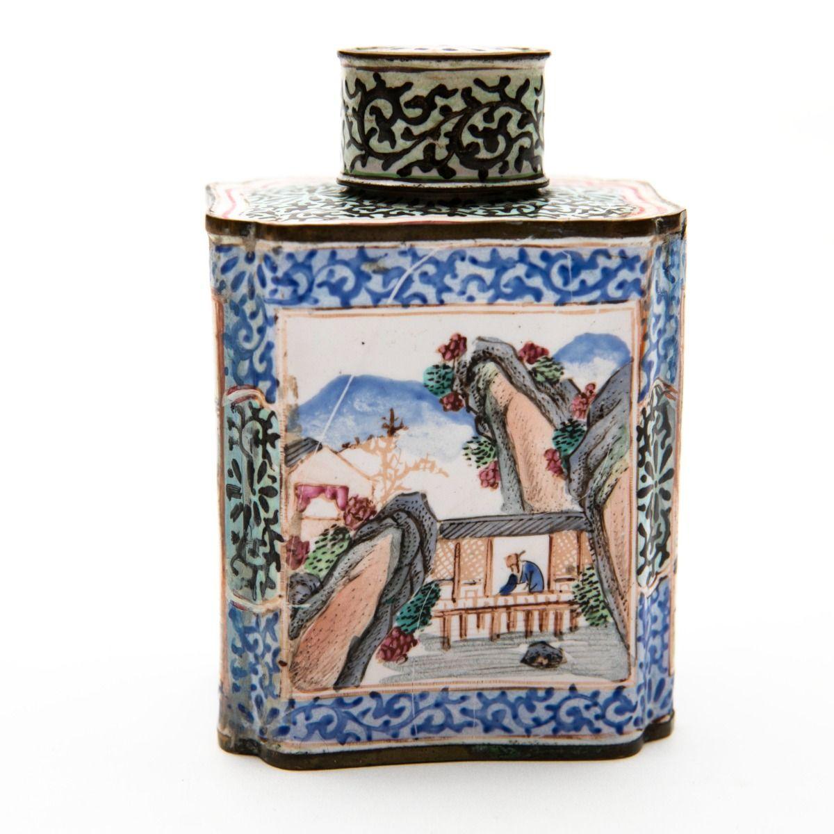 Copper Pair of decorative 18th Century Hand-Painted Canton Enamel Tea Caddies For Sale