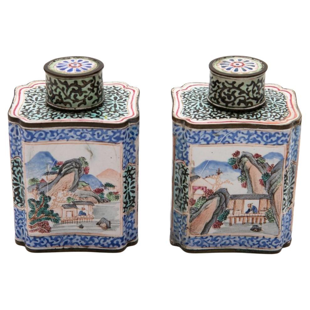 Pair of decorative 18th Century Hand-Painted Canton Enamel Tea Caddies