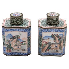 Pair of decorative 18th Century Hand-Painted Canton Enamel Tea Caddies